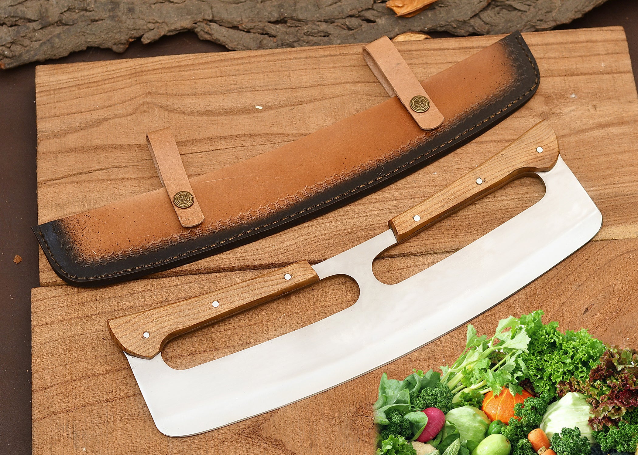 Double Grip Pizza Rocker Cutter – Professional Stainless Steel Pizza Knife with Dual Wooden Handles {FREE GIFT}