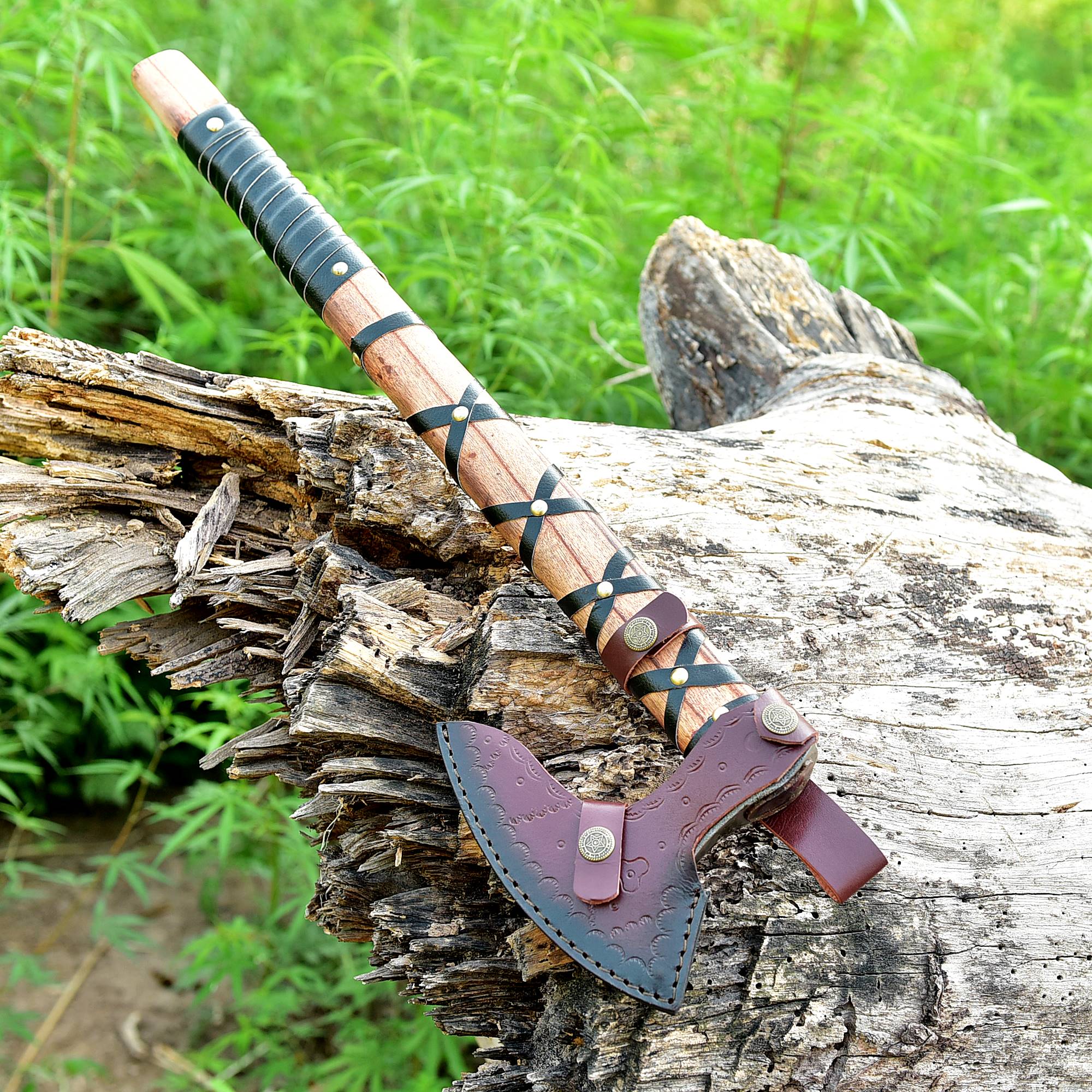 Ironwood Raider Hand-Forged Axe – Rugged Steel Hatchet with Leather Wrapped Wooden Handle {FREE GIFT}
