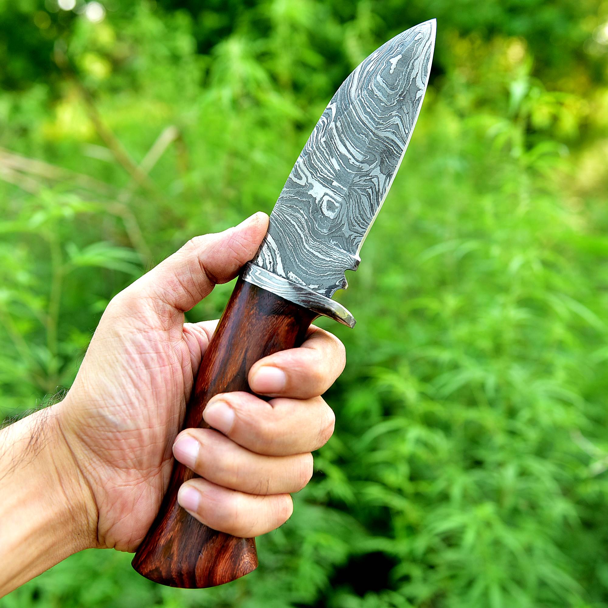 Wild Grain Damascus Fixed Blade Knife – High-Contrast Pattern Damascus Steel with Hardwood Handle {FREE GIFT}