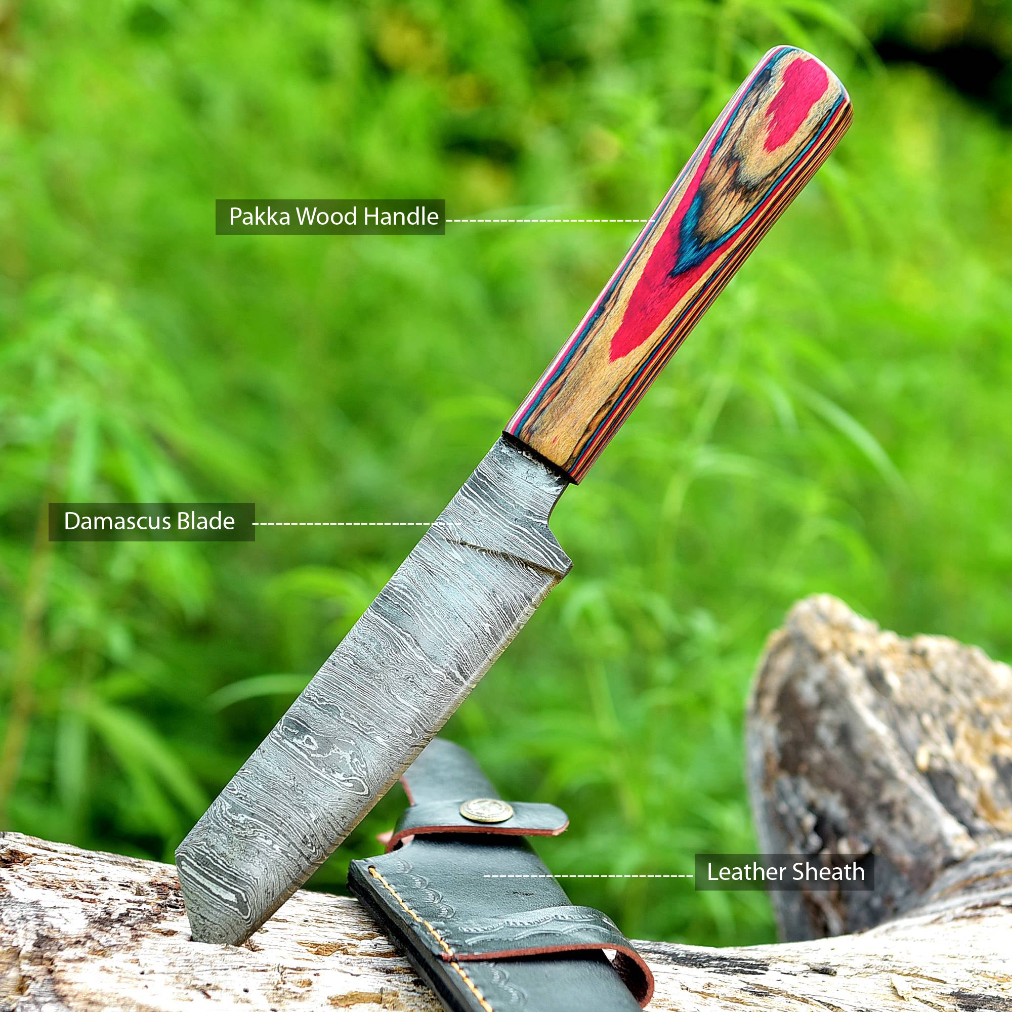 Vivid Arrow Damascus Fixed Blade Knife – Layered Damascus Steel Blade with Multicolor Artistic Handle {FREE GIFT}