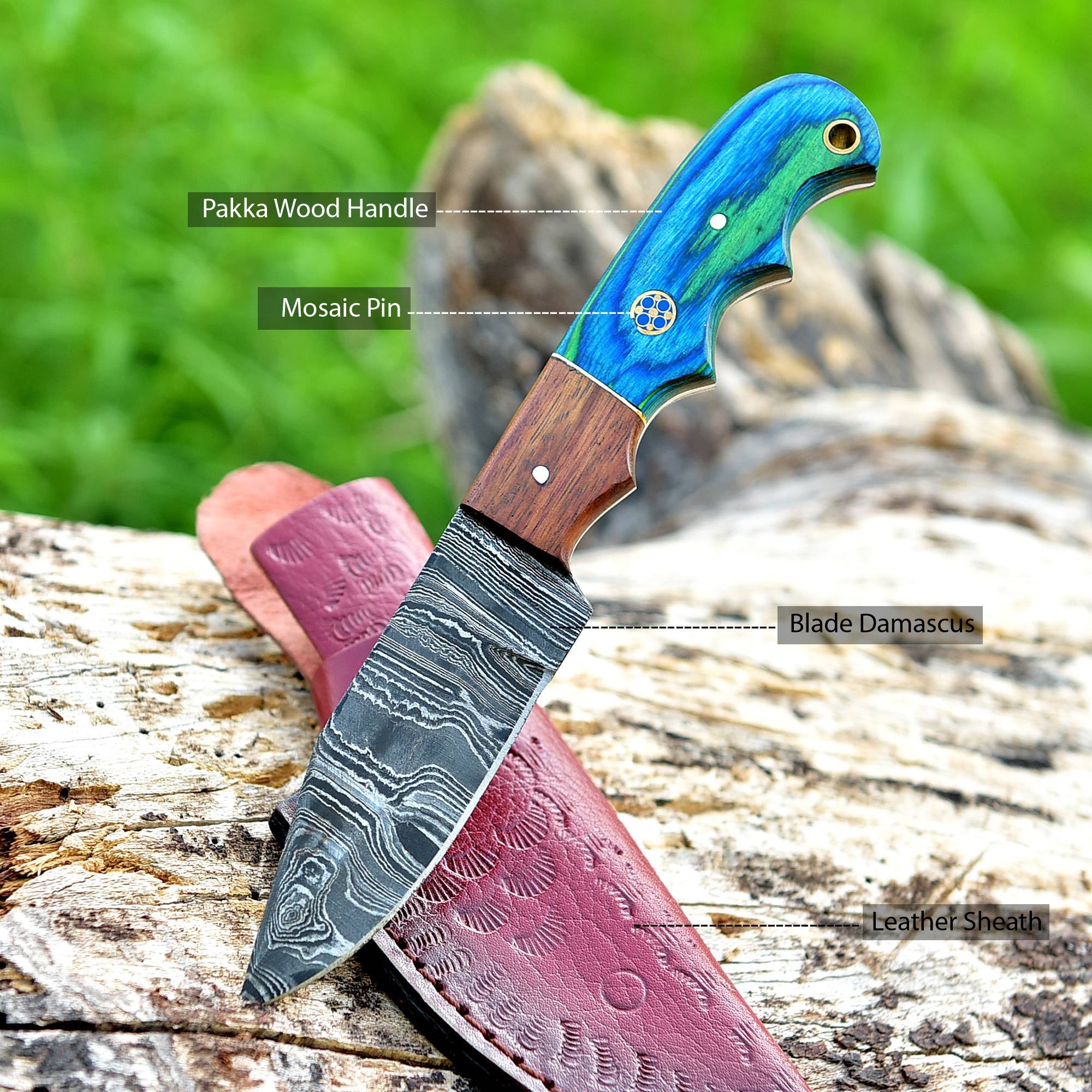 Ocean Crest Damascus Fixed Blade Knife – Wave Pattern Damascus Steel with Blue & Green Handle {FREE GIFT}