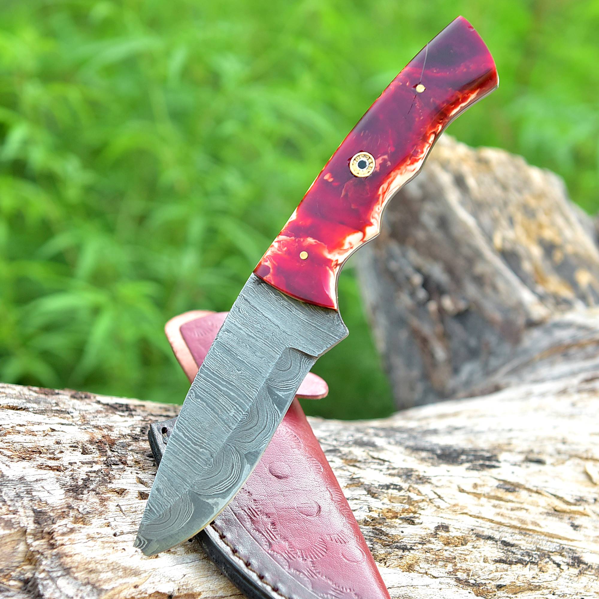 Ocean Crest Damascus Fixed Blade Knife – Wave Pattern Damascus Steel with Blue & Green Handle {FREE GIFT}