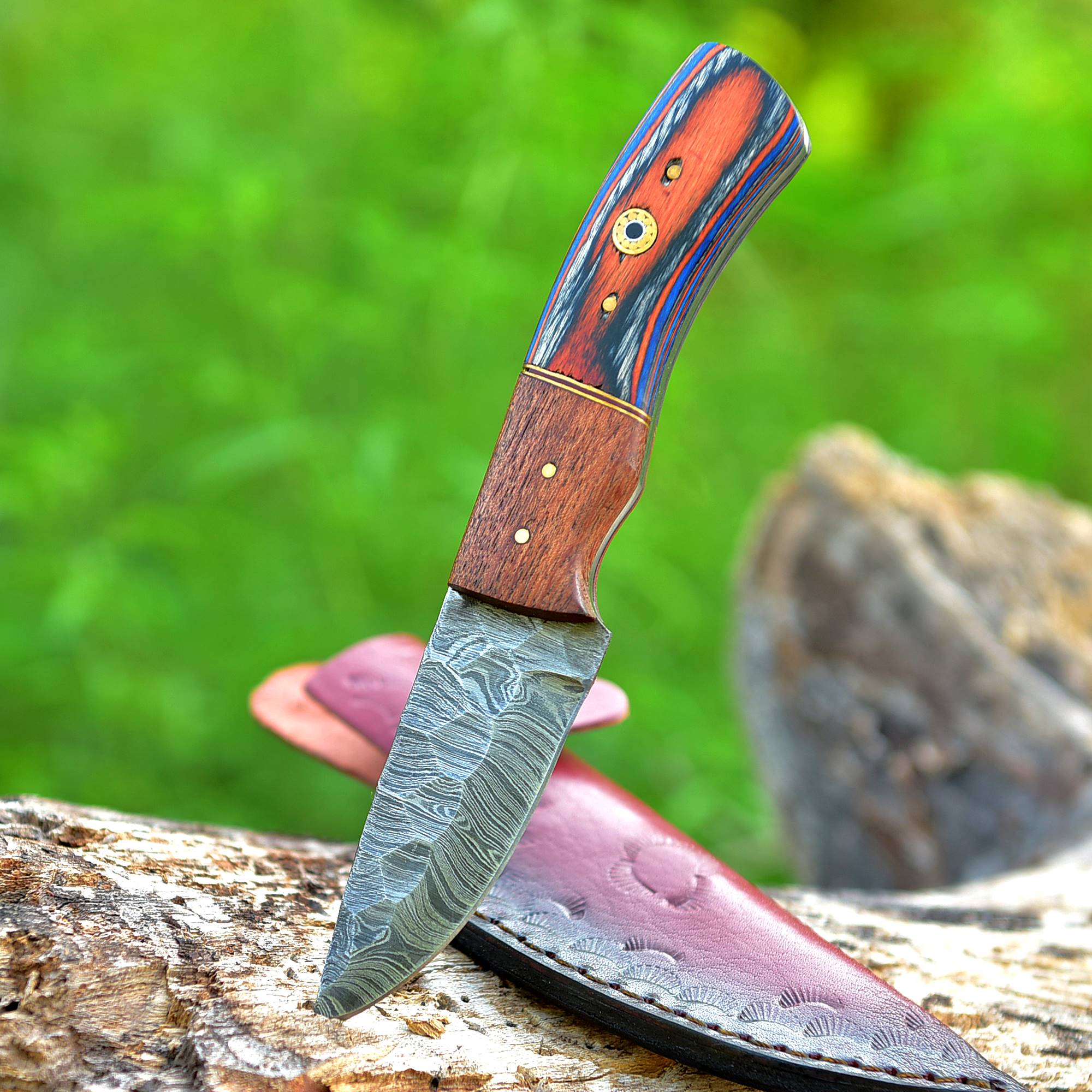 Blaze Stripe Damascus Fixed Blade Knife – Patterned Damascus Steel with Multi-Tone Handle {FREE GIFT}