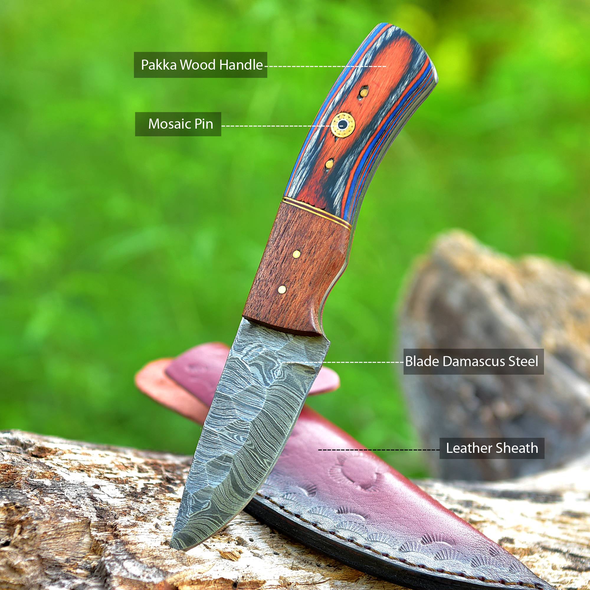 Blaze Stripe Damascus Fixed Blade Knife – Patterned Damascus Steel with Multi-Tone Handle {FREE GIFT}