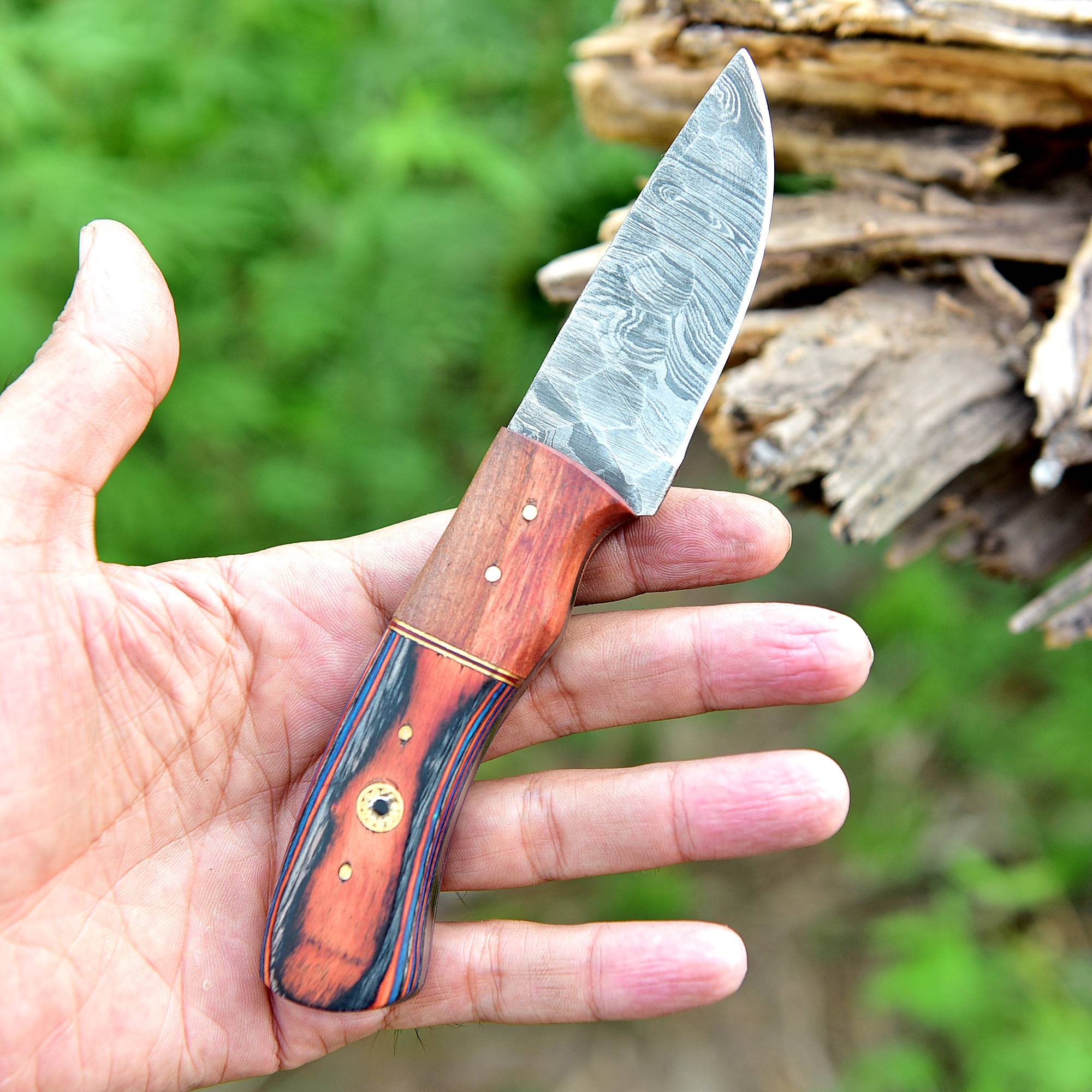 Blaze Stripe Damascus Fixed Blade Knife – Patterned Damascus Steel with Multi-Tone Handle {FREE GIFT}