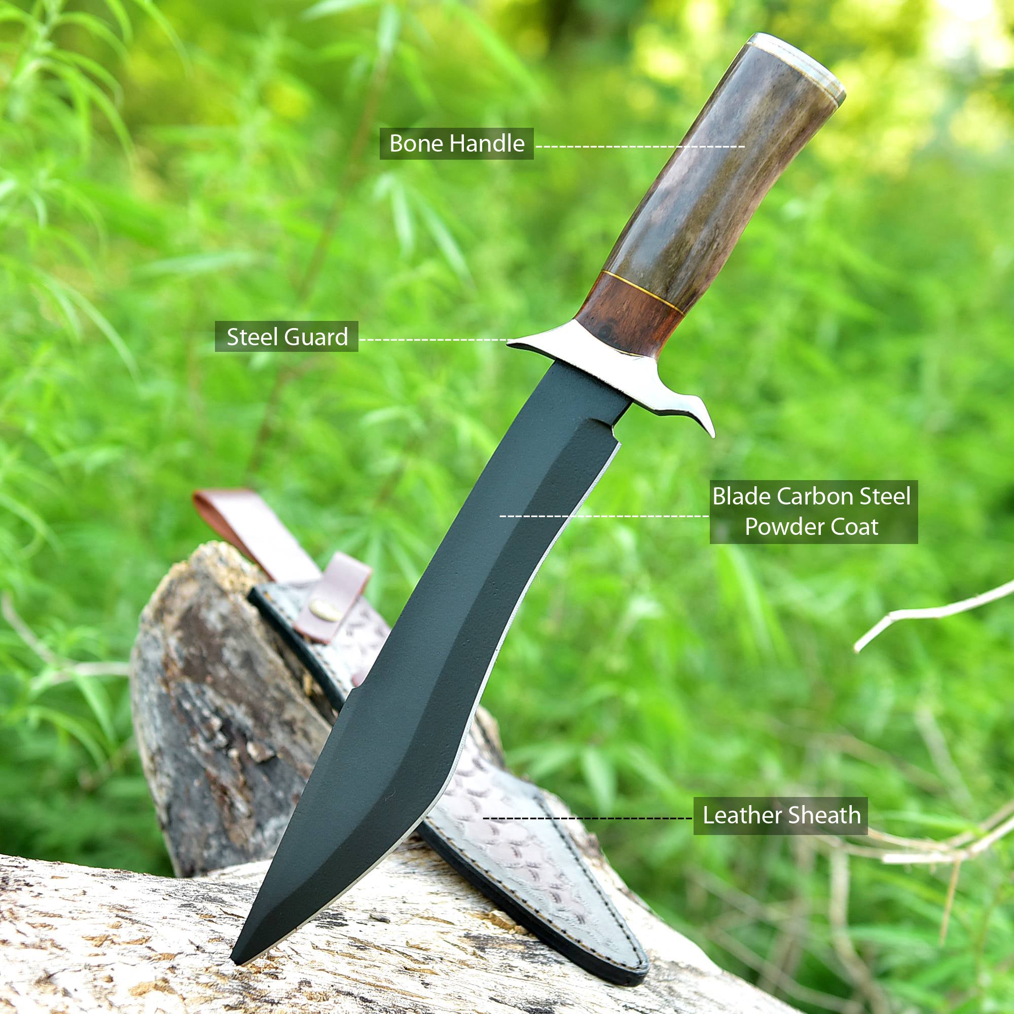 Timber Shadow Bowie Knife – Matte Black Fixed Blade with Wood & Horn Handle {FREE GIFT}