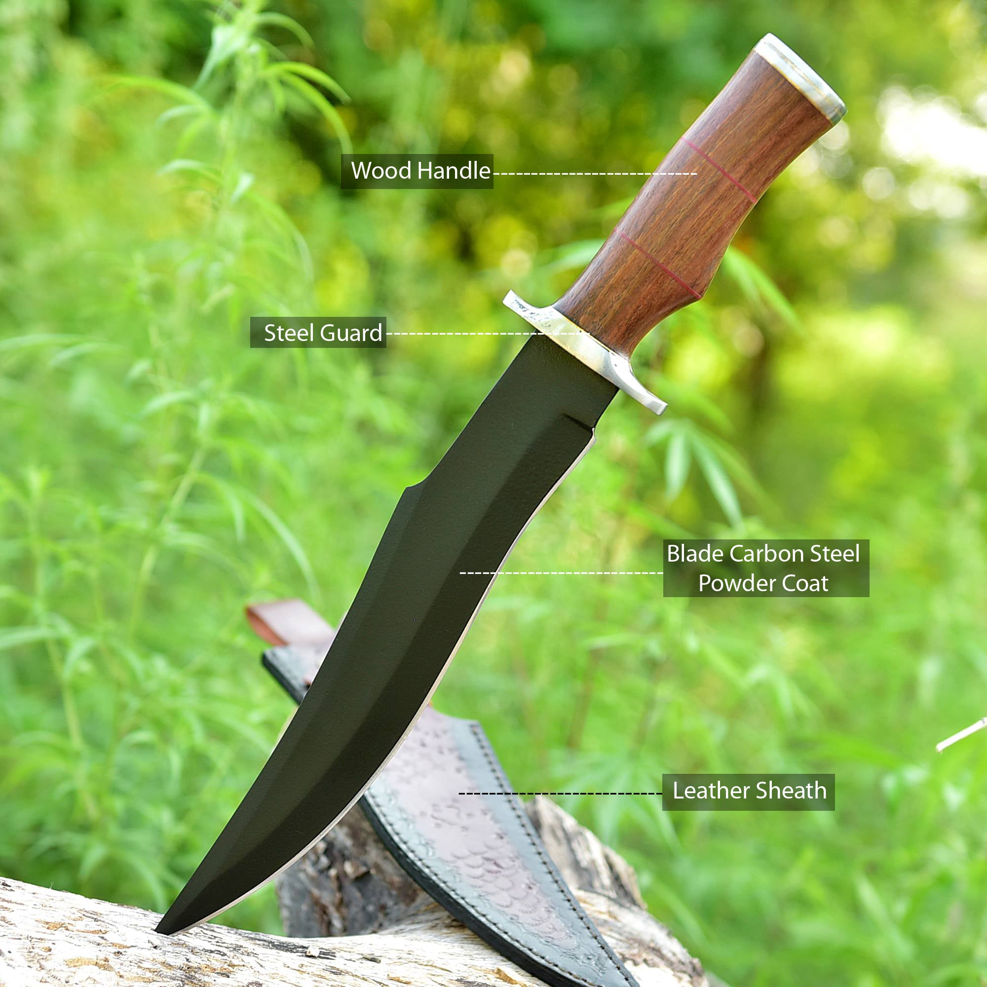 Black Ridge Bowie Knife – Matte Black Fixed Blade with Contoured Hardwood Handle {FREE GIFT}