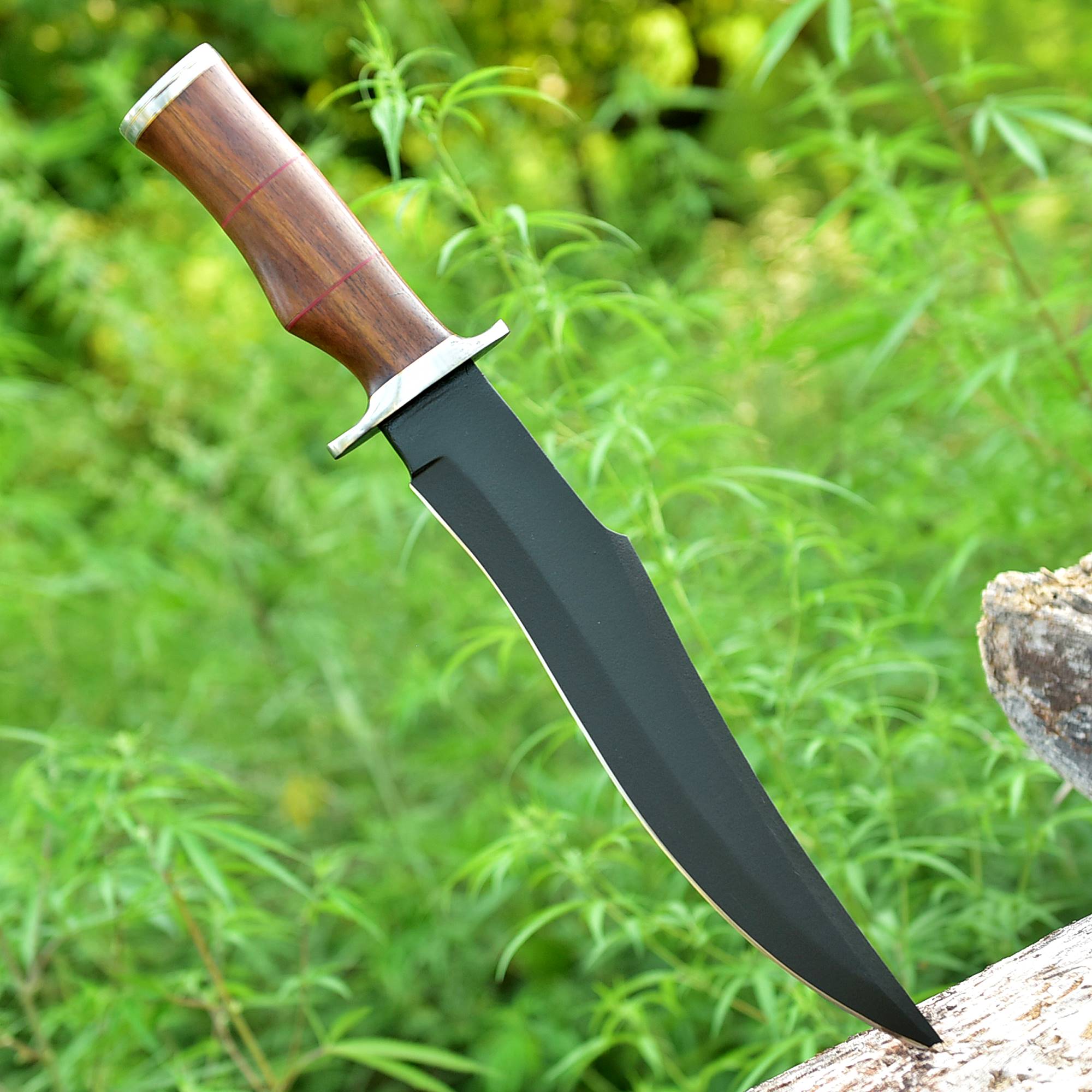 Black Ridge Bowie Knife – Matte Black Fixed Blade with Contoured Hardwood Handle {FREE GIFT}