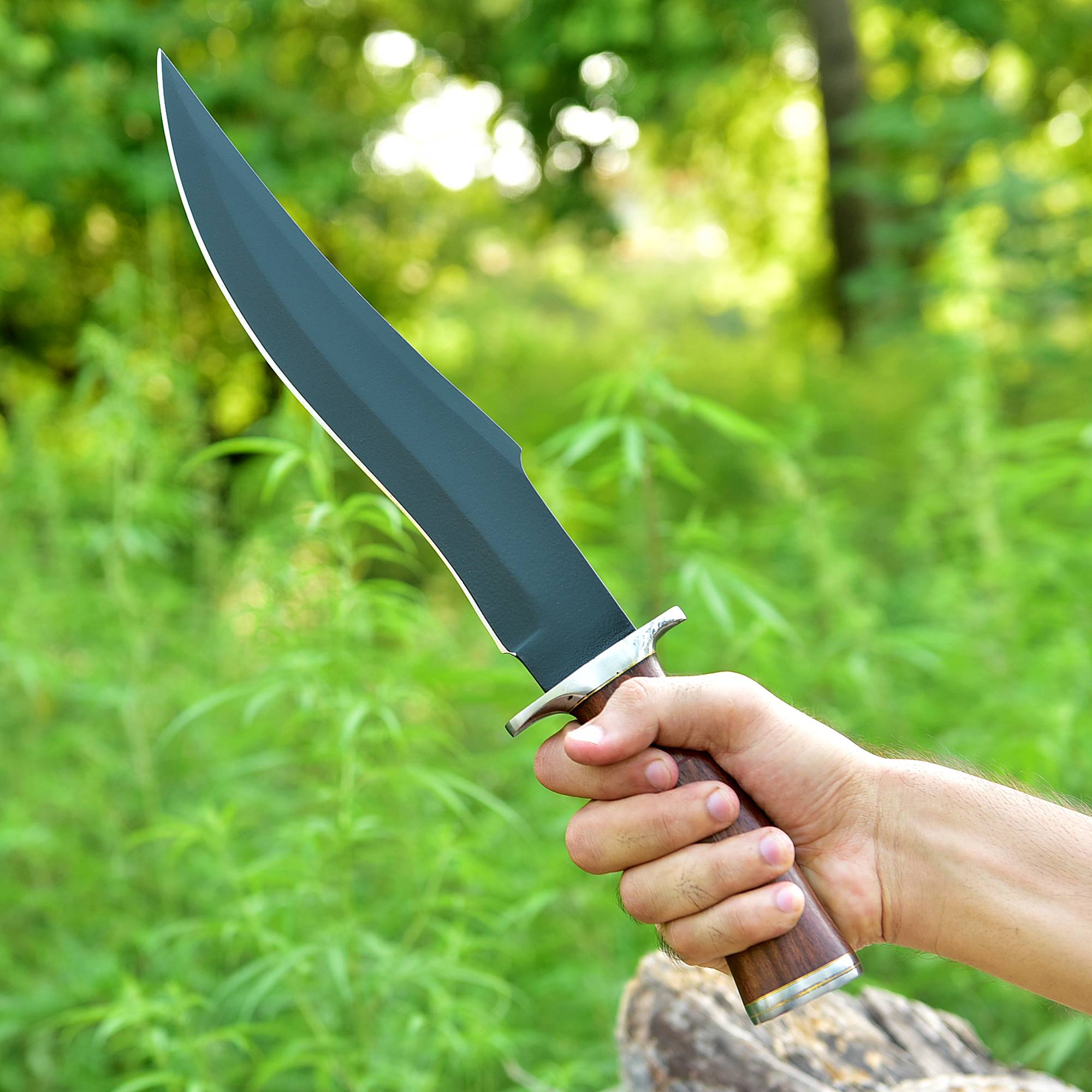 Black Ridge Bowie Knife – Matte Black Fixed Blade with Contoured Hardwood Handle {FREE GIFT}