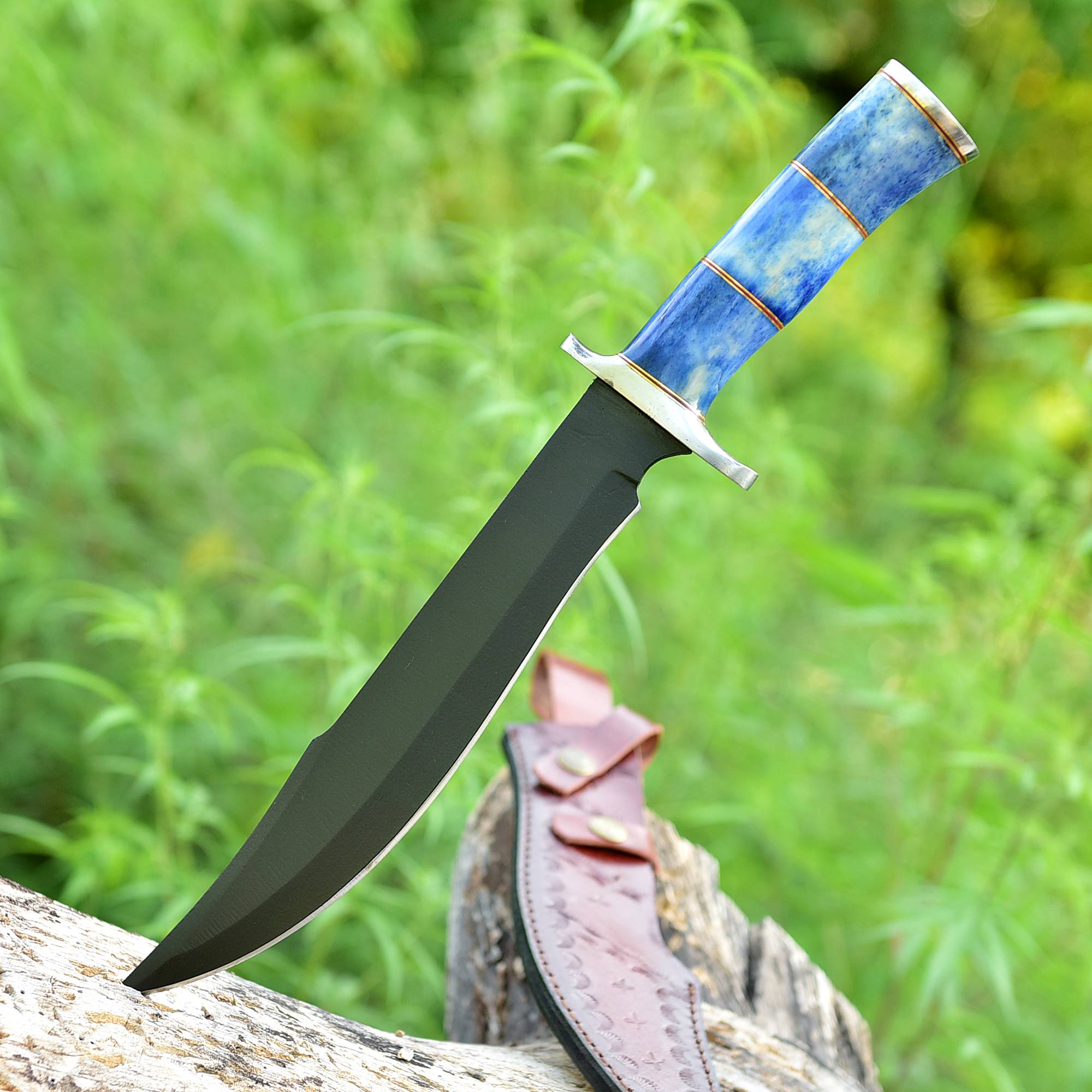 Midnight Sapphire Bowie Knife – Matte Black Fixed Blade with Sapphire Blue Handle & Brass Accents {FREE GIFT}