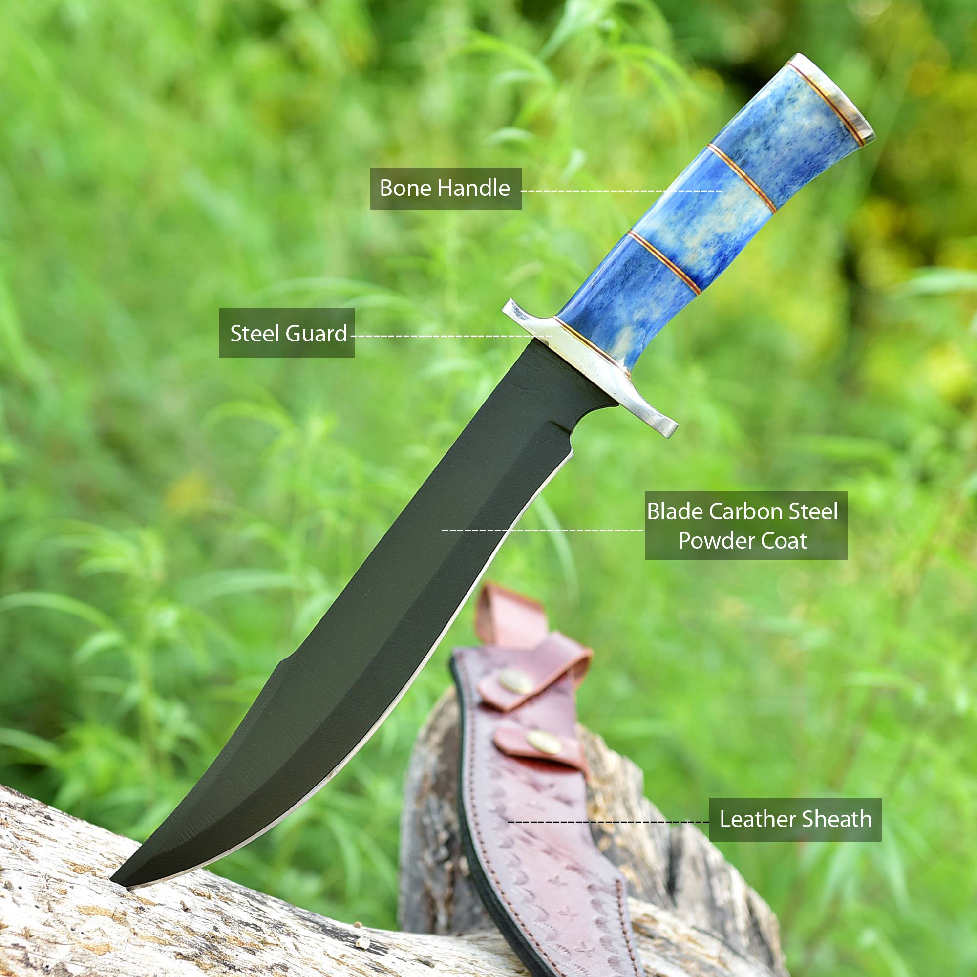 Midnight Sapphire Bowie Knife – Matte Black Fixed Blade with Sapphire Blue Handle & Brass Accents {FREE GIFT}