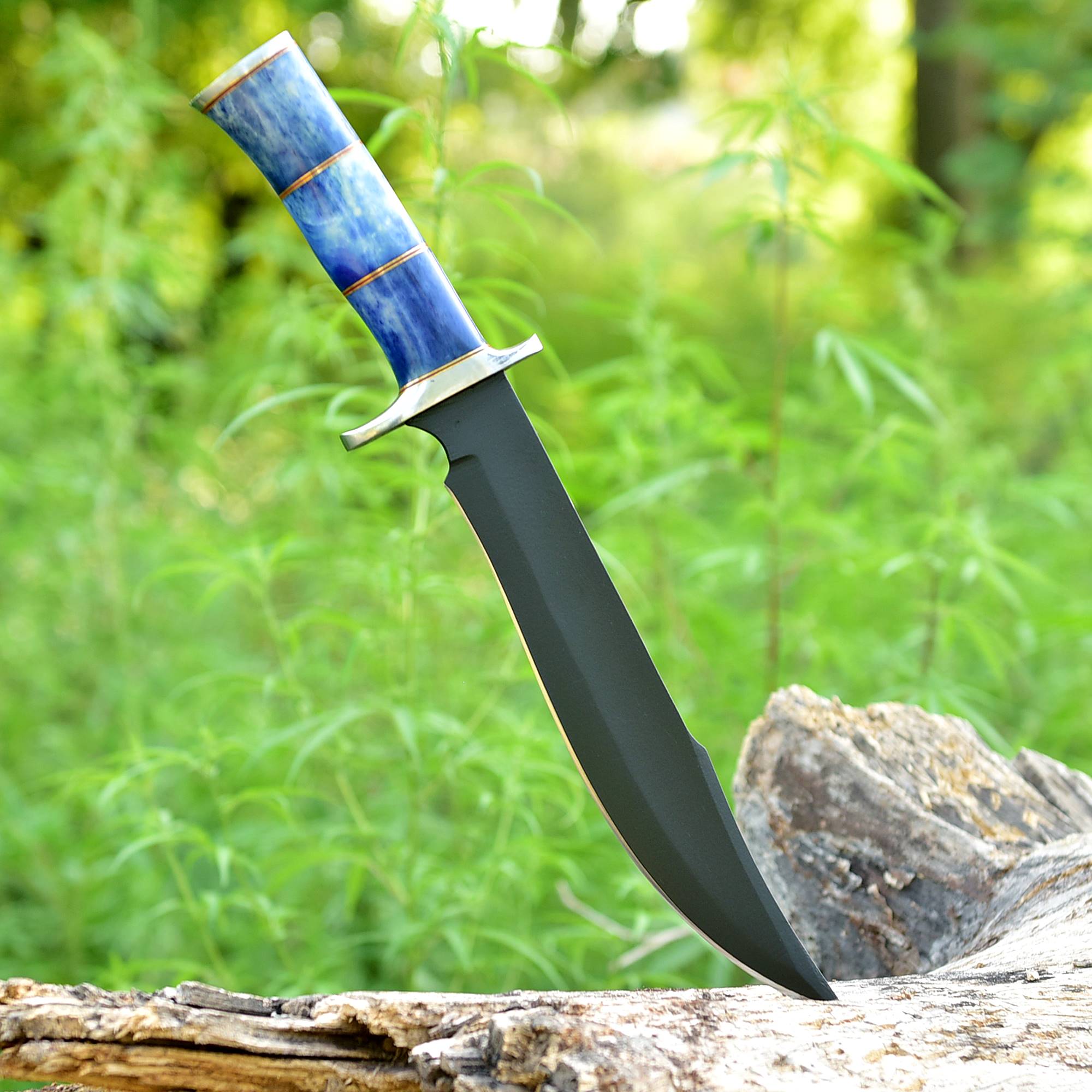 Midnight Sapphire Bowie Knife – Matte Black Fixed Blade with Sapphire Blue Handle & Brass Accents {FREE GIFT}