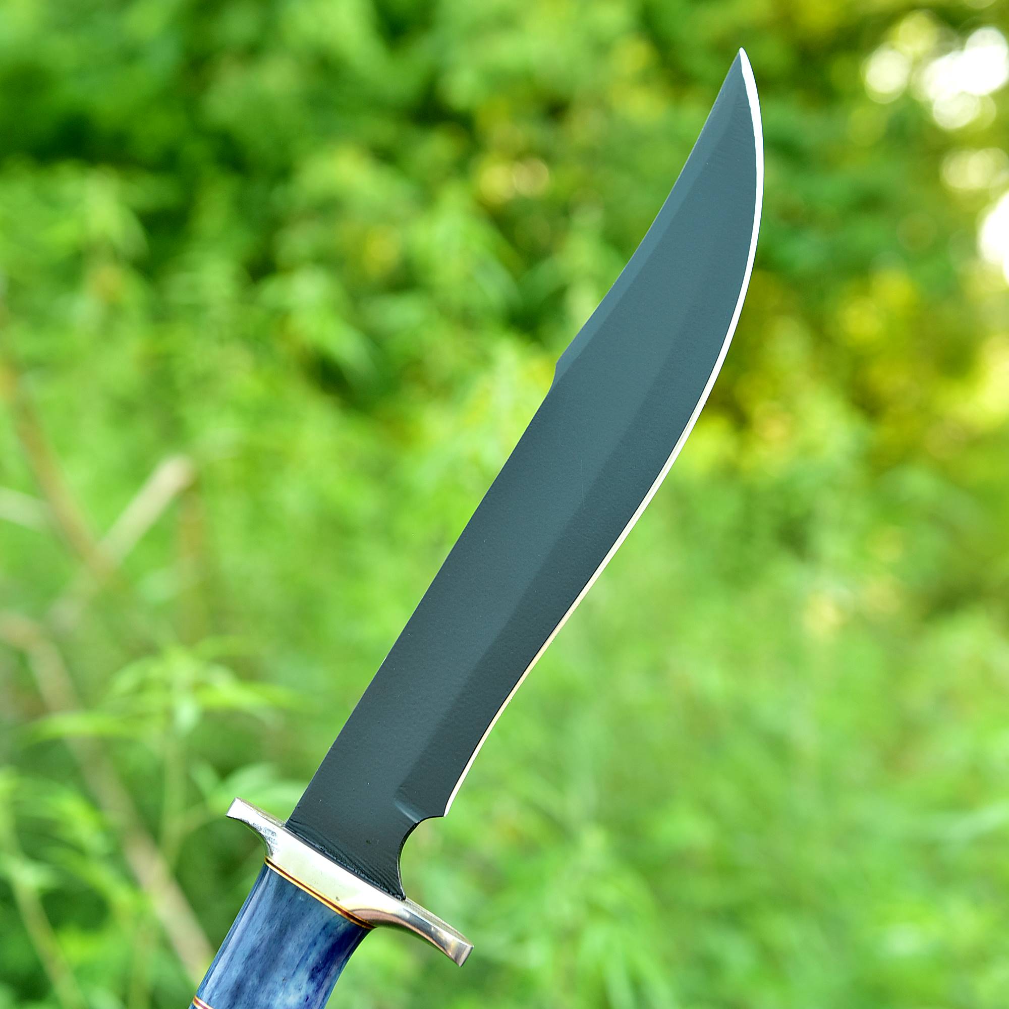 Midnight Sapphire Bowie Knife – Matte Black Fixed Blade with Sapphire Blue Handle & Brass Accents {FREE GIFT}