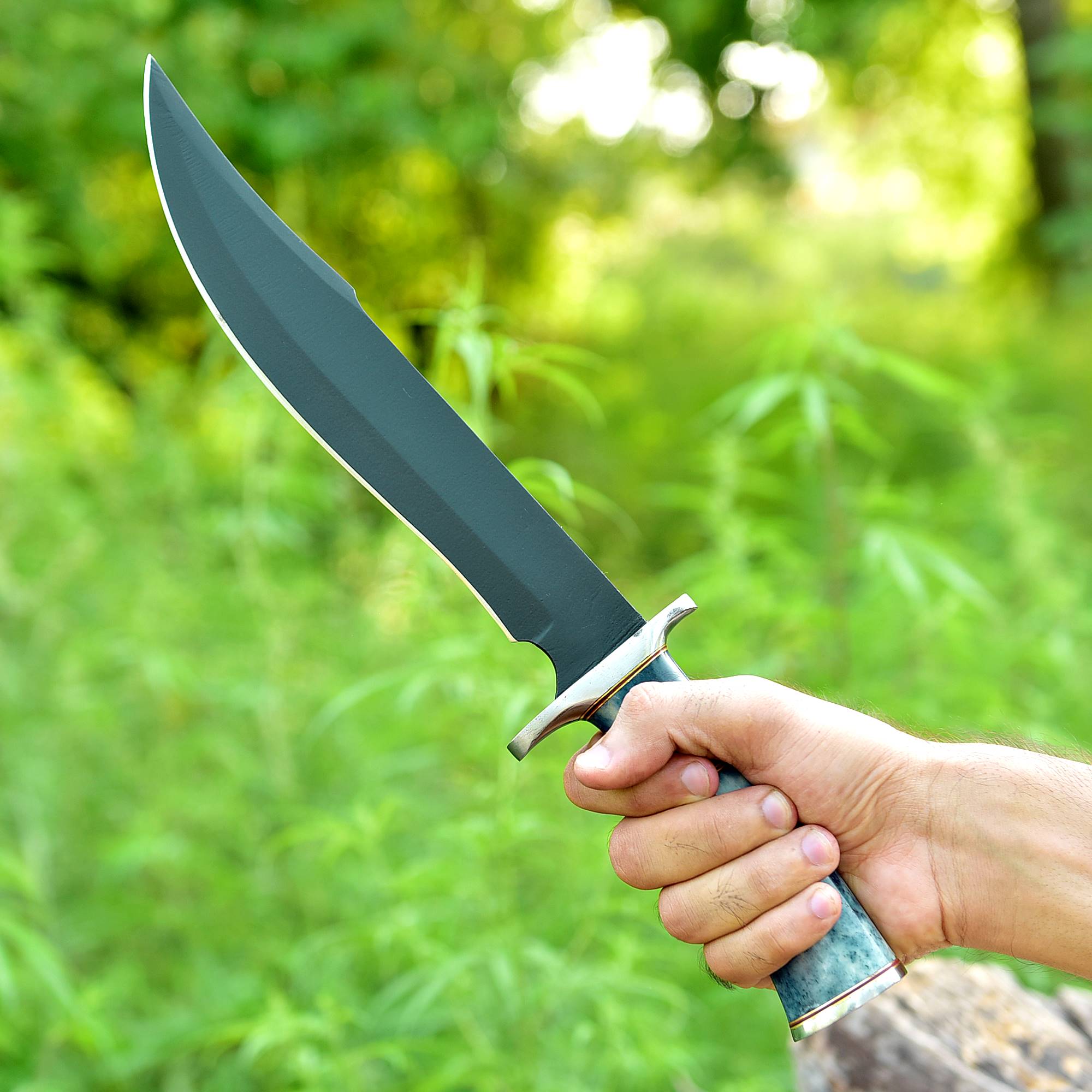 Midnight Sapphire Bowie Knife – Matte Black Fixed Blade with Sapphire Blue Handle & Brass Accents {FREE GIFT}