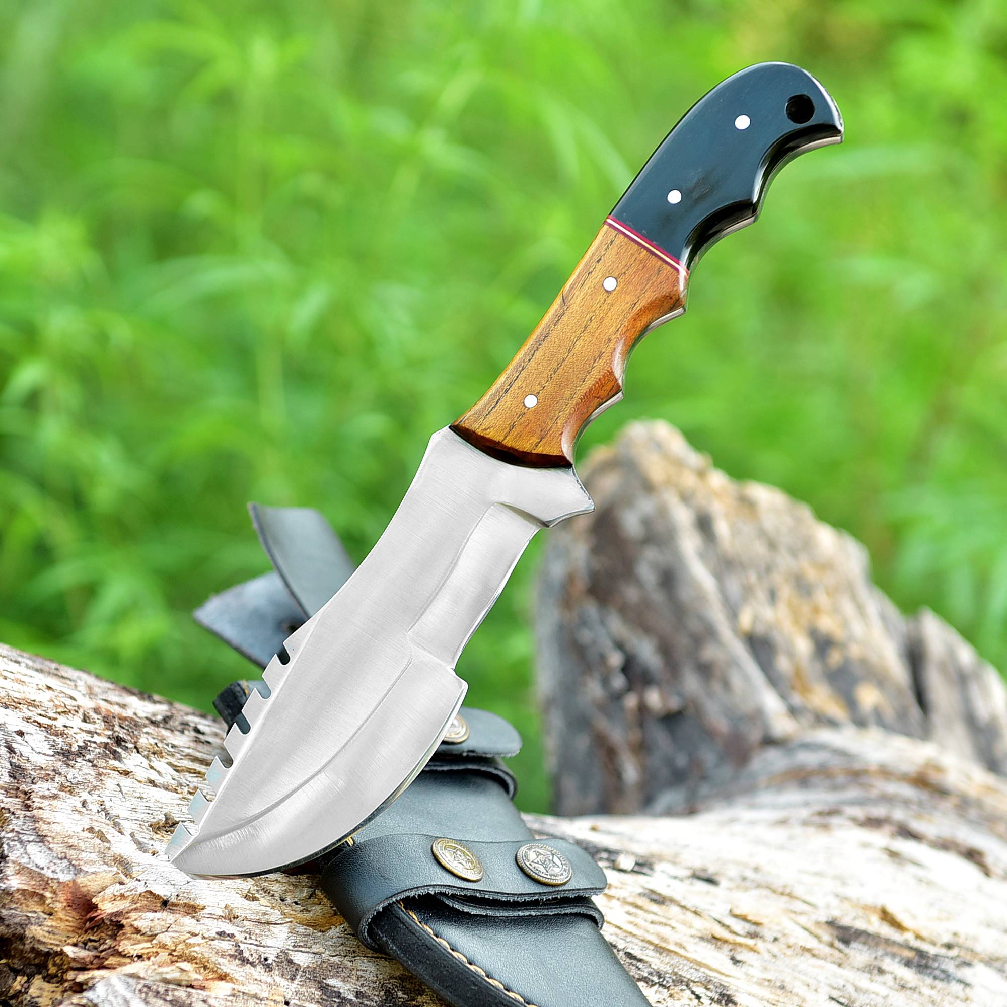 Frontier Fang Hunter Fixed Blade Knife – Broad Steel Blade with Bull Horn & Wood Handle {FREE GIFT}