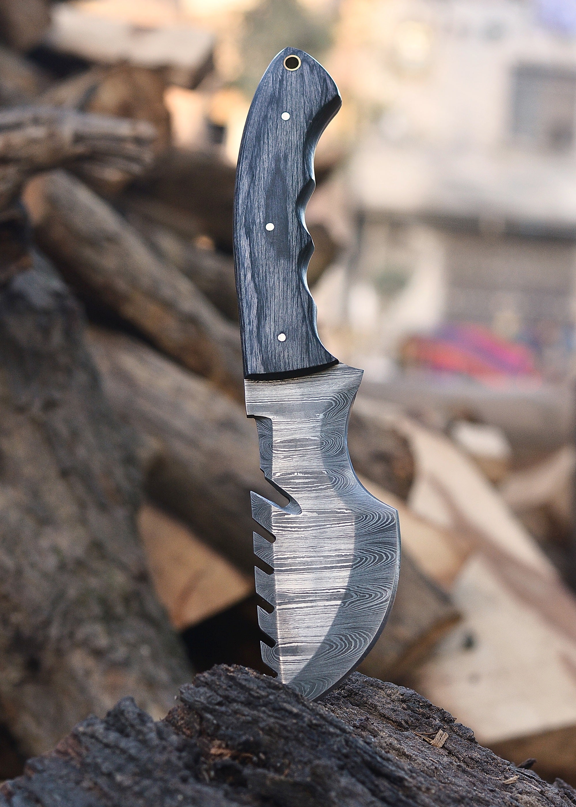 Shadow Fang Damascus Fixed Blade Knife – Patterned Damascus Steel with Serrated Edge & Dark Wood Handle {FREE GIFT}