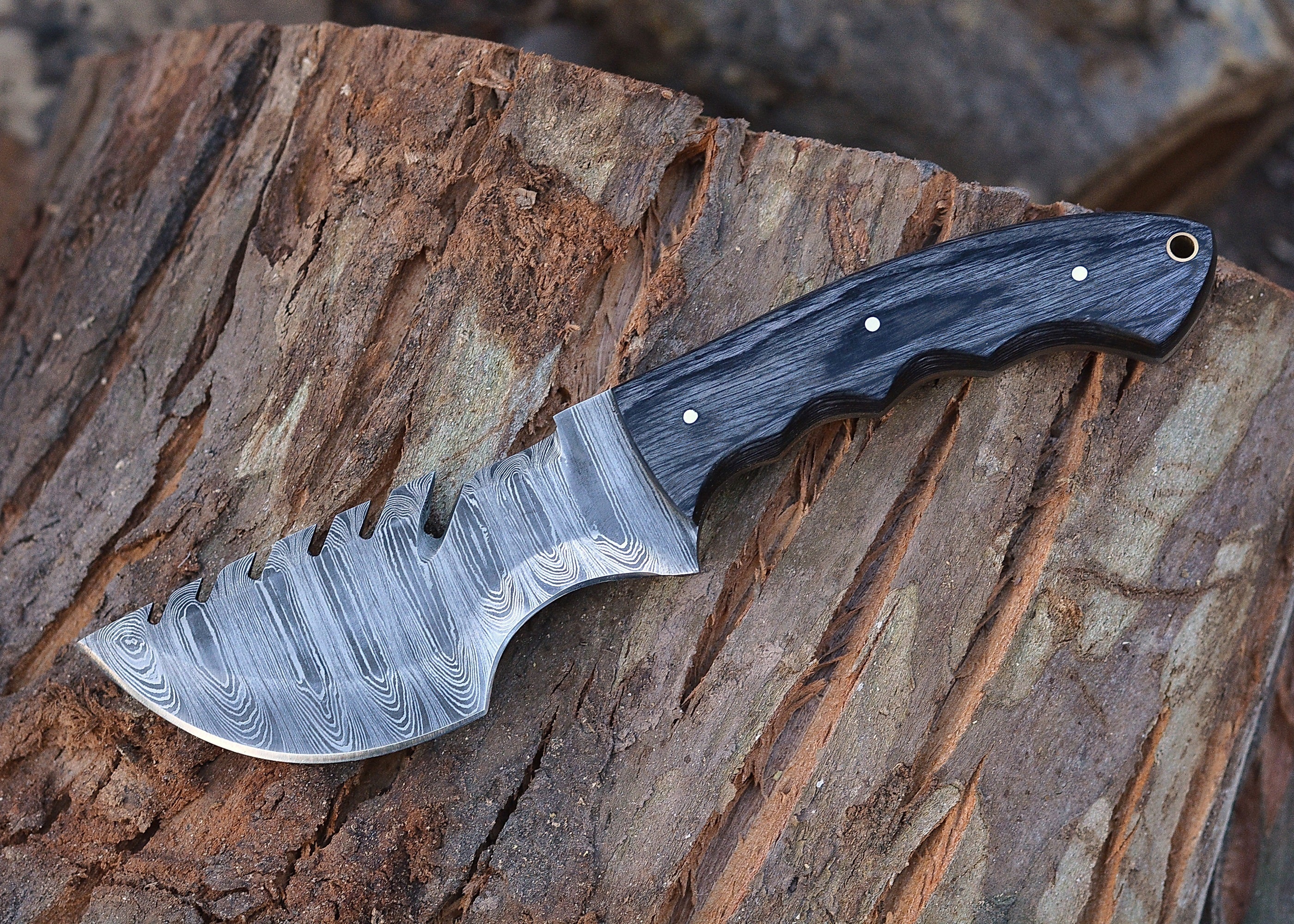 Shadow Fang Damascus Fixed Blade Knife – Patterned Damascus Steel with Serrated Edge & Dark Wood Handle {FREE GIFT}
