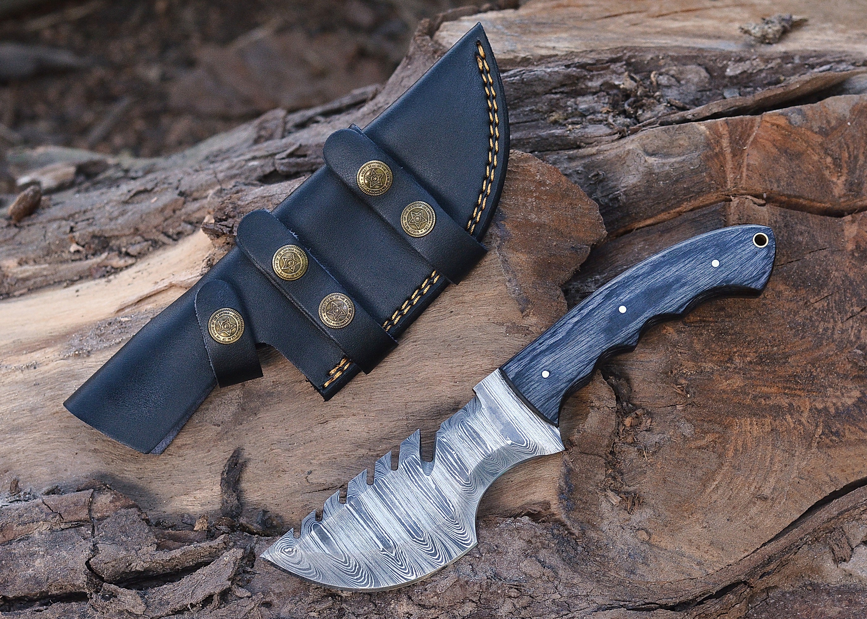 Shadow Fang Damascus Fixed Blade Knife – Patterned Damascus Steel with Serrated Edge & Dark Wood Handle {FREE GIFT}