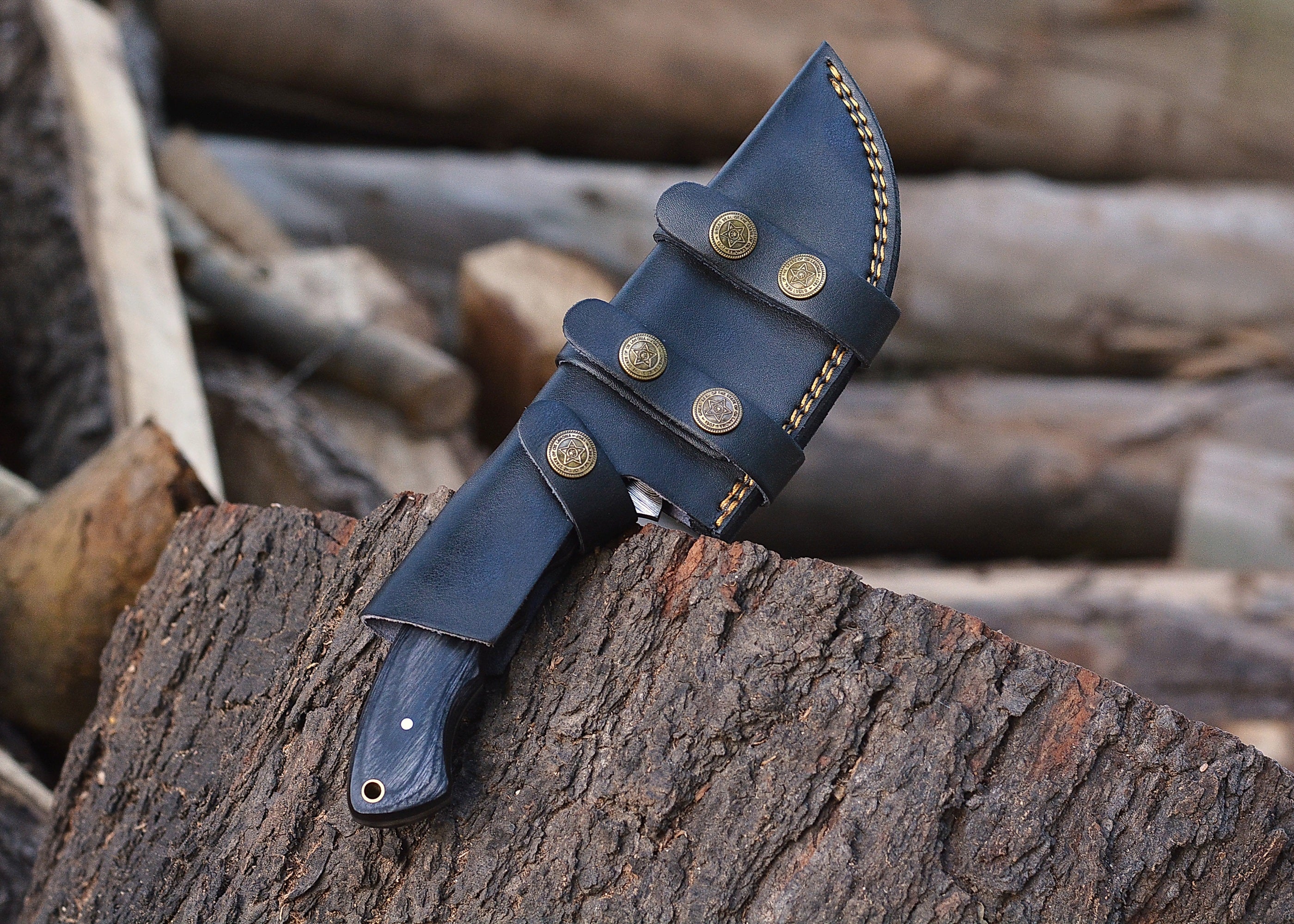 Shadow Fang Damascus Fixed Blade Knife – Patterned Damascus Steel with Serrated Edge & Dark Wood Handle {FREE GIFT}