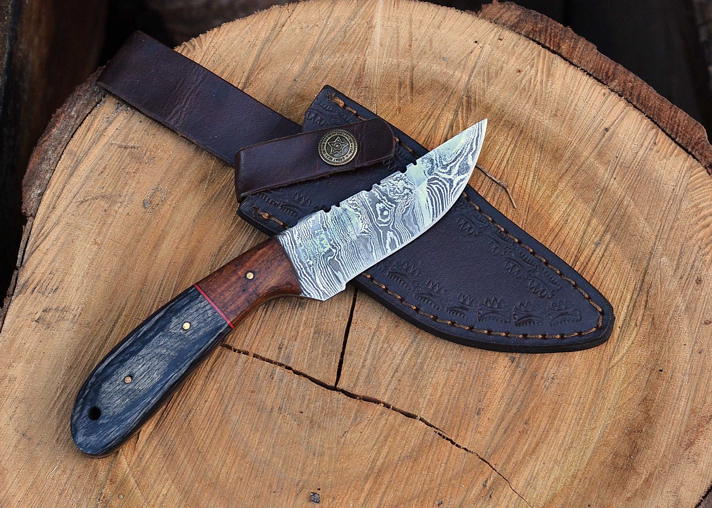 Timberline Damascus Companion – Compact Fixed Blade Knife with Patterned Steel & Hardwood Handle {FREE GIFT}