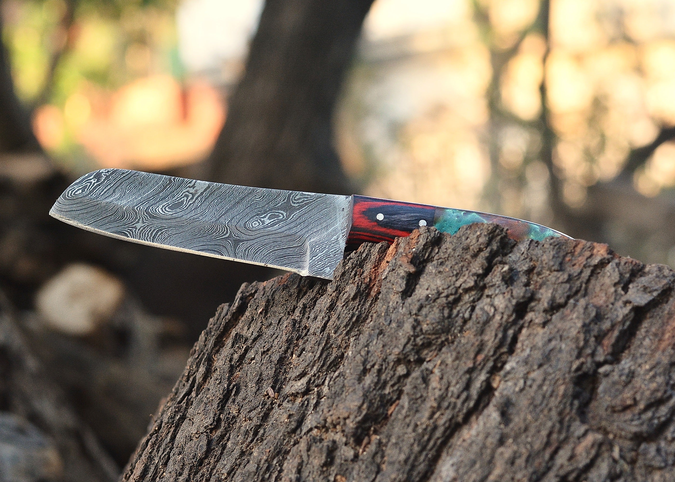 Emberwood Damascus Chef Knife – Flowing Damascus Steel Culinary Blade with Multi-Tone Wood Handle {FREE GIFT}