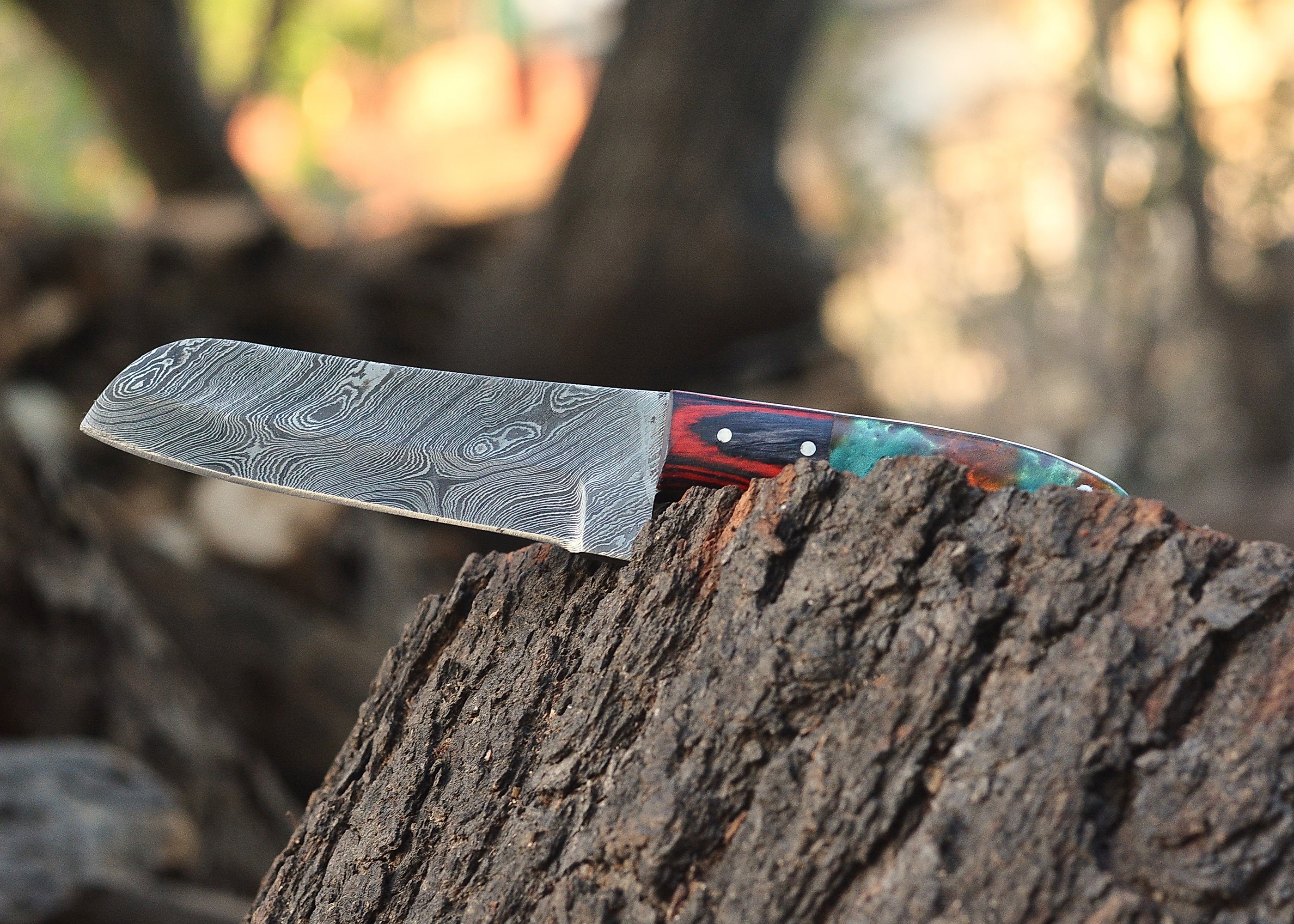 Emberwood Damascus Chef Knife – Flowing Damascus Steel Culinary Blade with Multi-Tone Wood Handle {FREE GIFT}