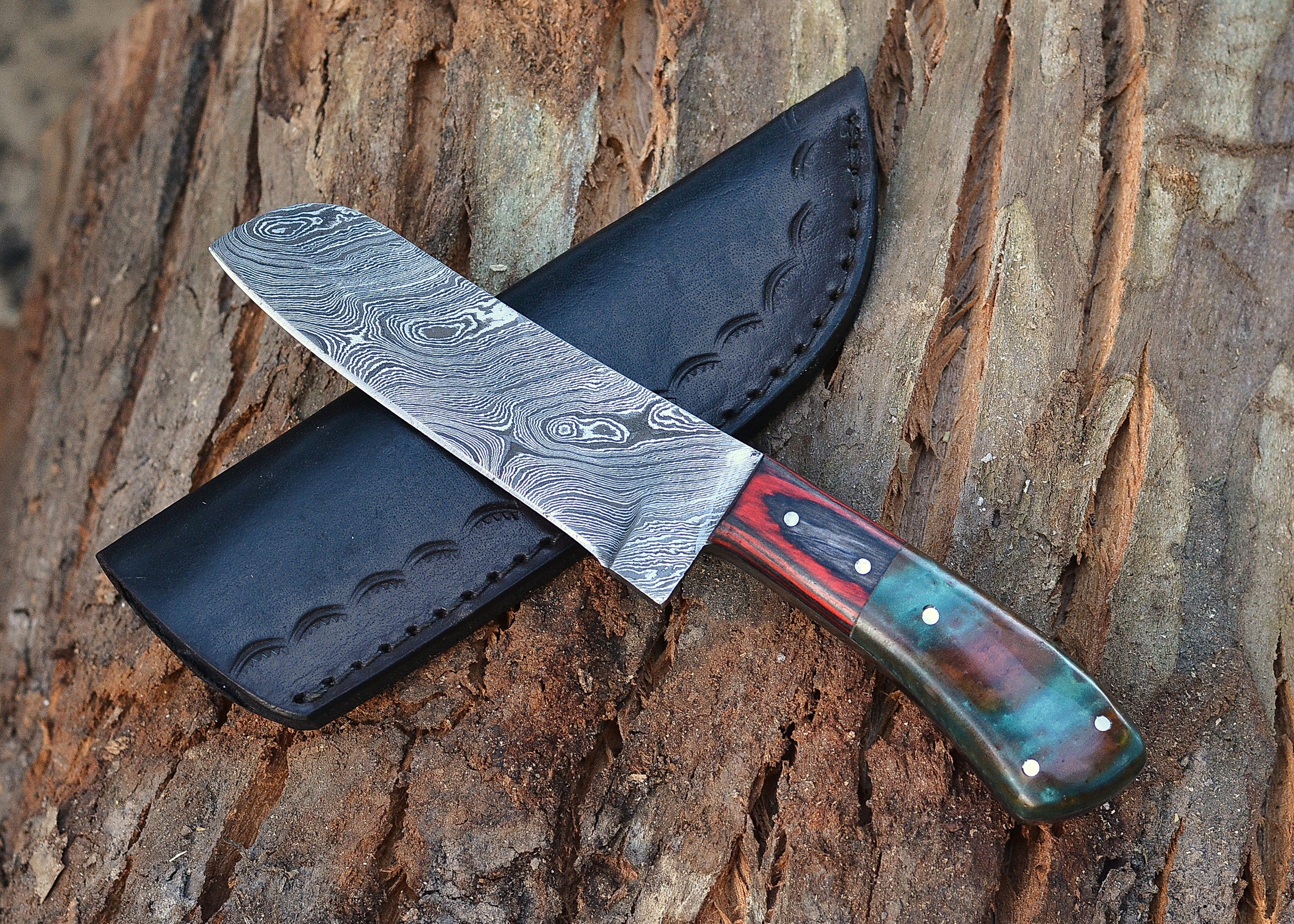 Emberwood Damascus Chef Knife – Flowing Damascus Steel Culinary Blade with Multi-Tone Wood Handle {FREE GIFT}