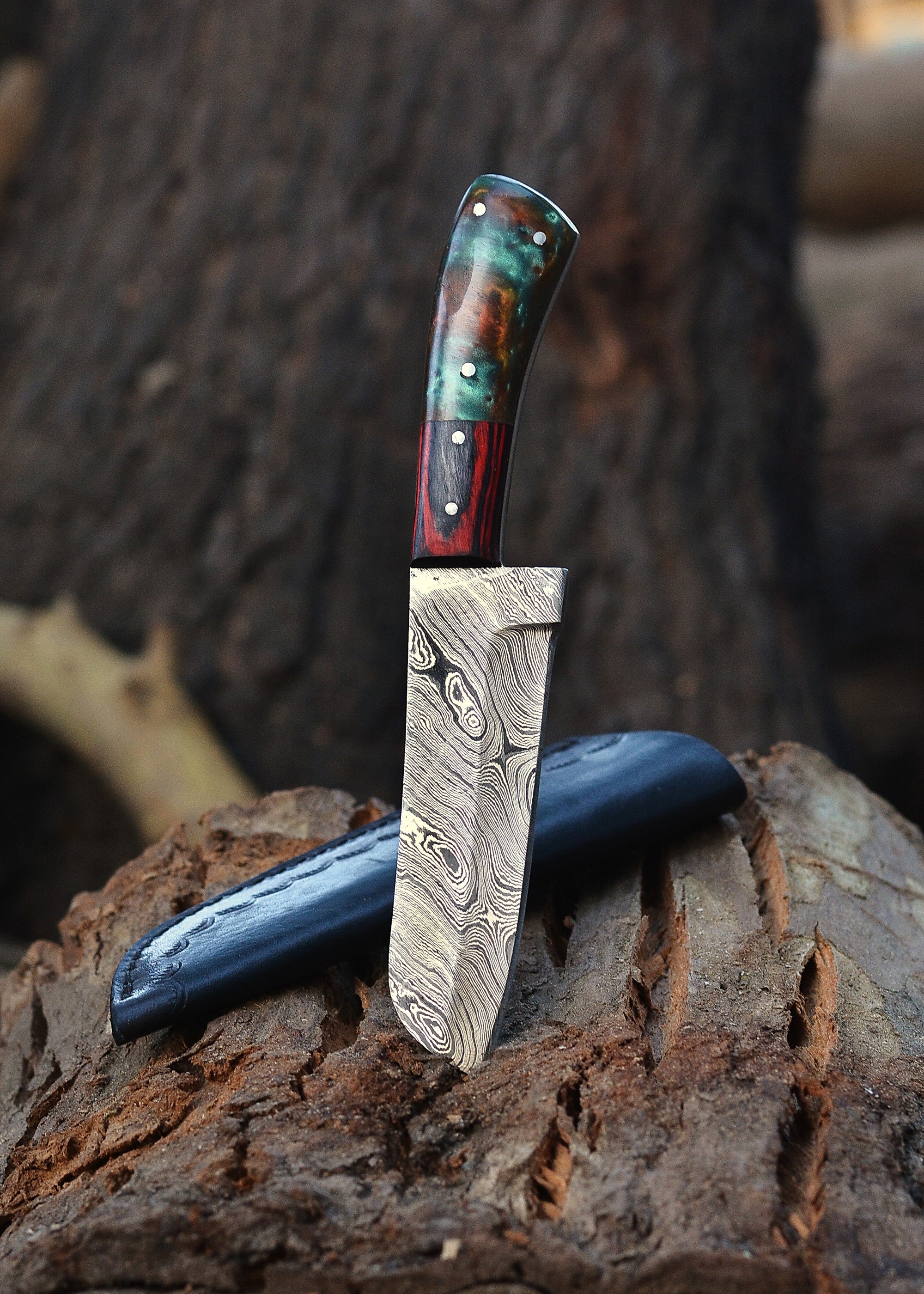 Emberwood Damascus Chef Knife – Flowing Damascus Steel Culinary Blade with Multi-Tone Wood Handle {FREE GIFT}