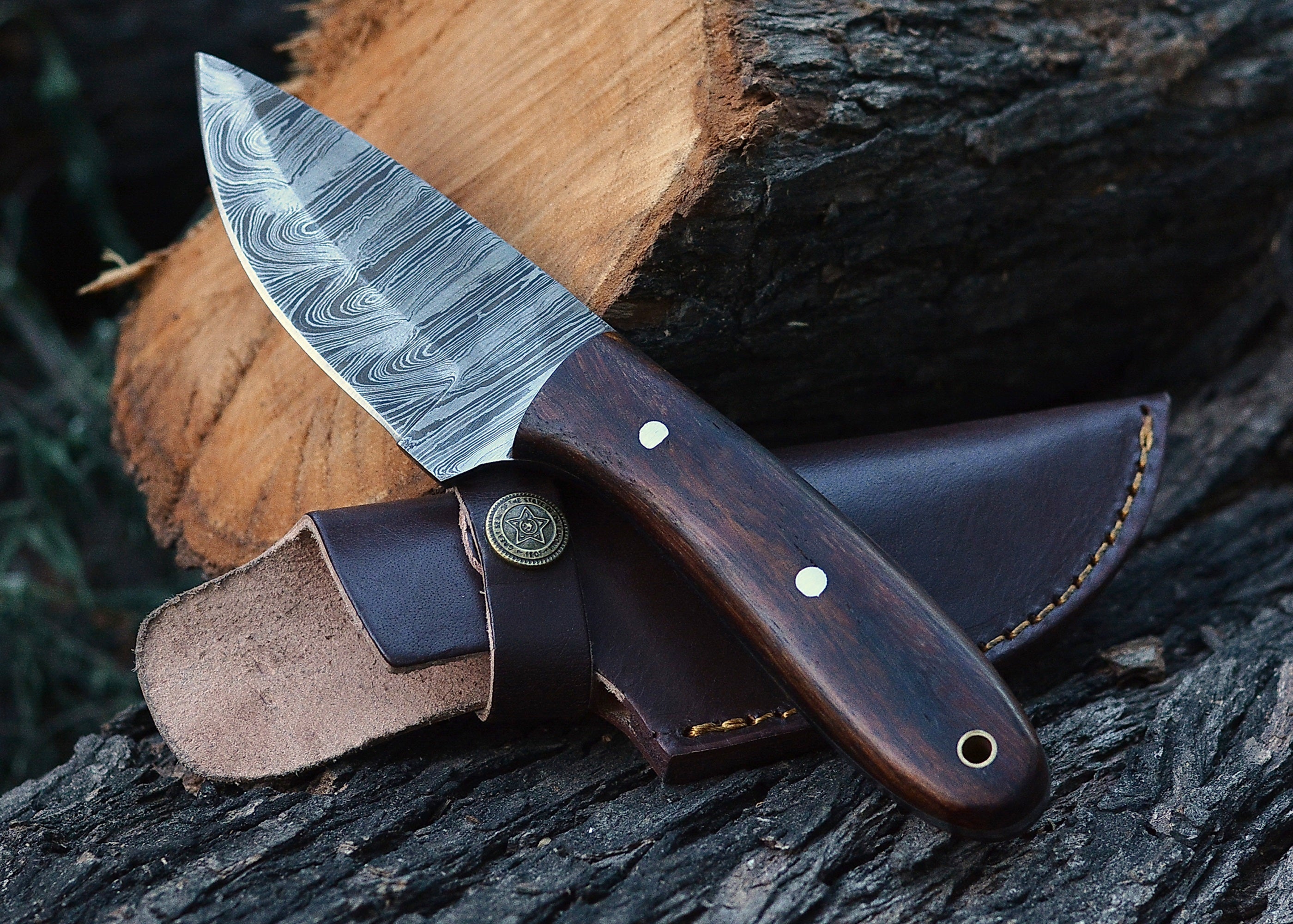 Midnight Grain Damascus Fixed Blade Knife – Flow Pattern Steel with Dark Wood Handle {FREE GIFT}