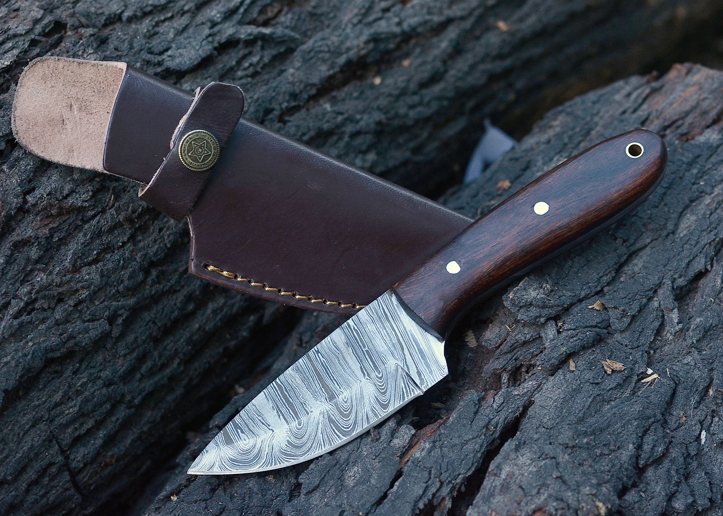 Midnight Grain Damascus Fixed Blade Knife – Flow Pattern Steel with Dark Wood Handle {FREE GIFT}