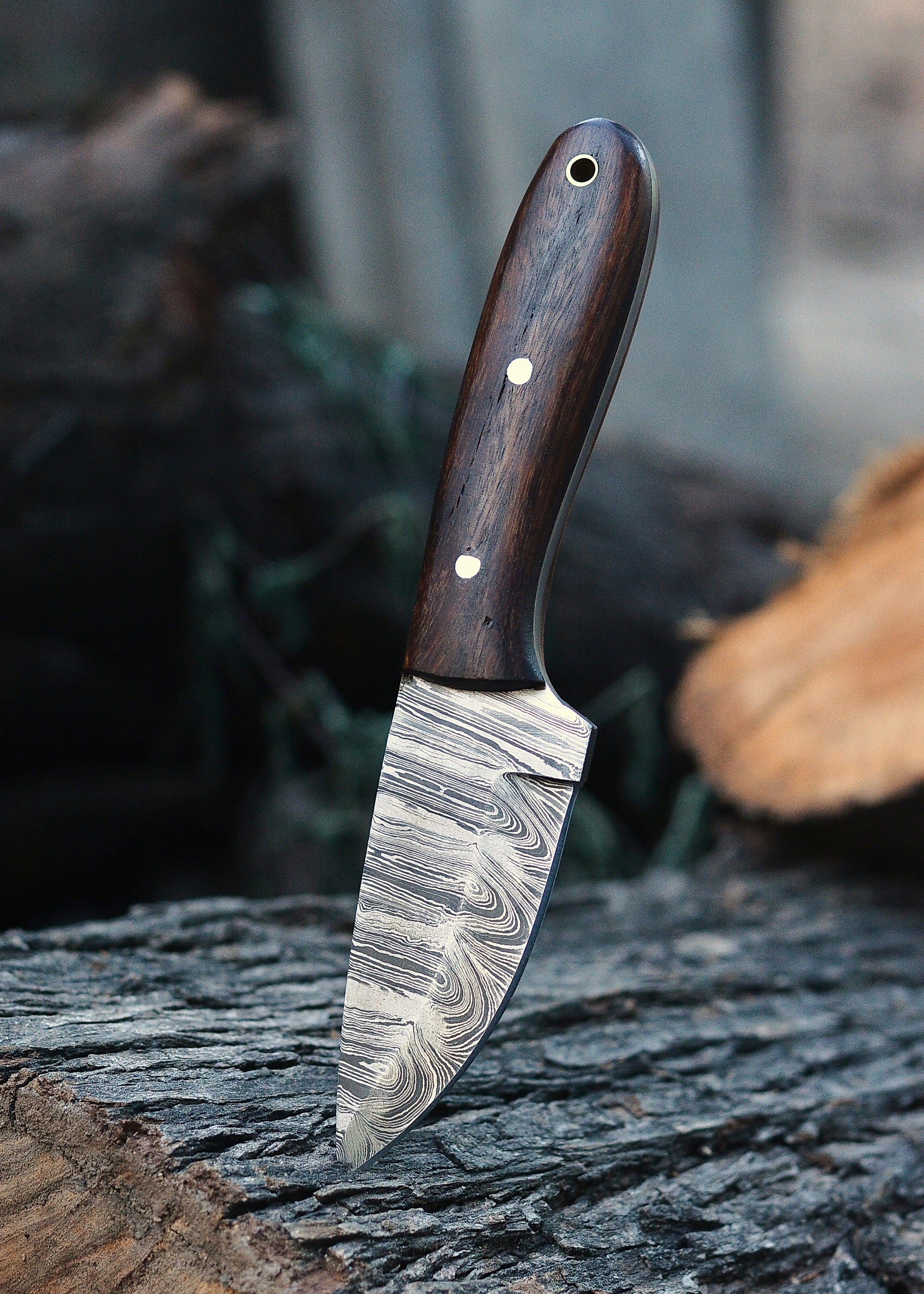 Midnight Grain Damascus Fixed Blade Knife – Flow Pattern Steel with Dark Wood Handle {FREE GIFT}
