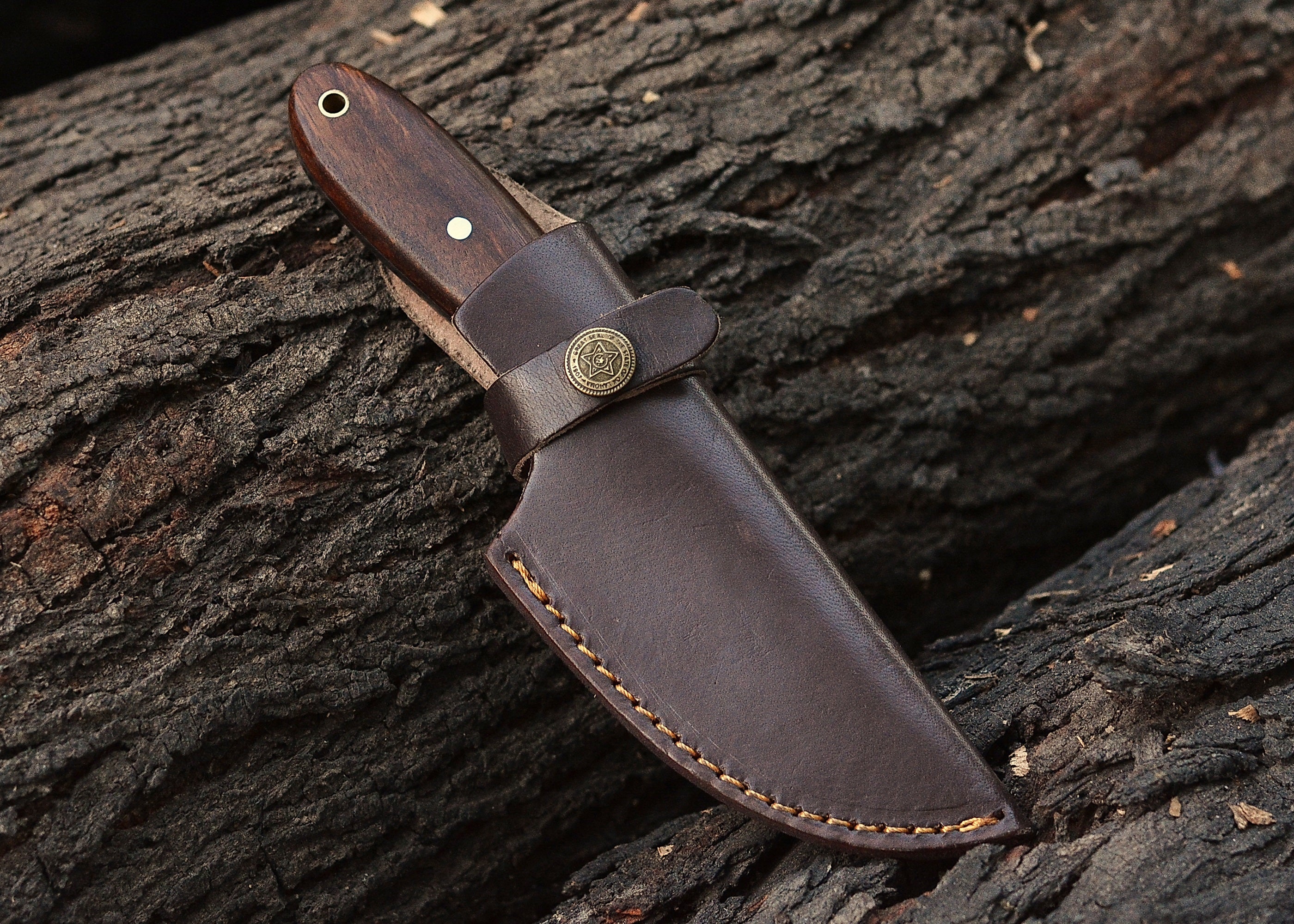 Midnight Grain Damascus Fixed Blade Knife – Flow Pattern Steel with Dark Wood Handle {FREE GIFT}