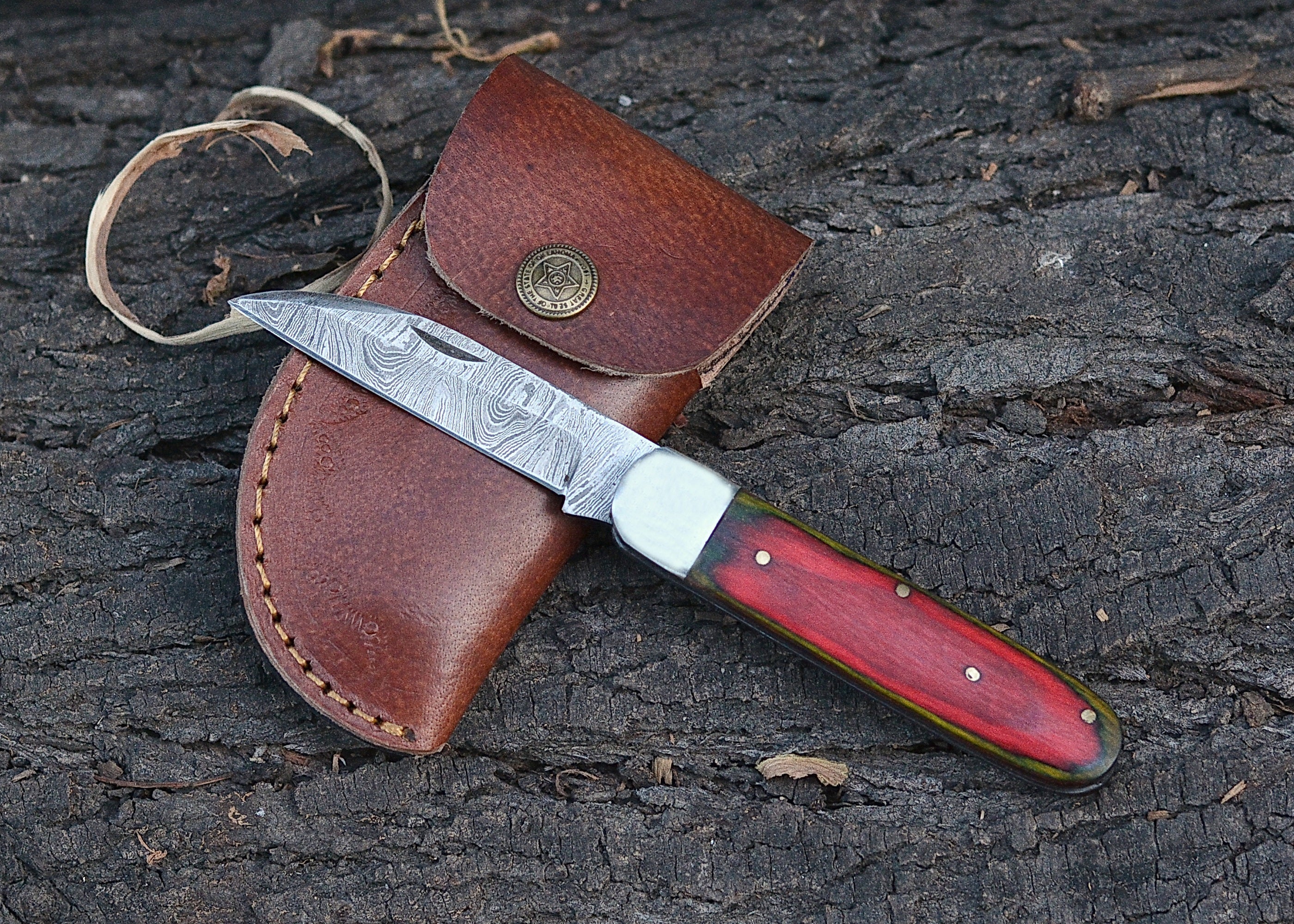 Crimson Grain Folder – Damascus Steel Folding Knife with Red Wood Handle {FREE GIFT}