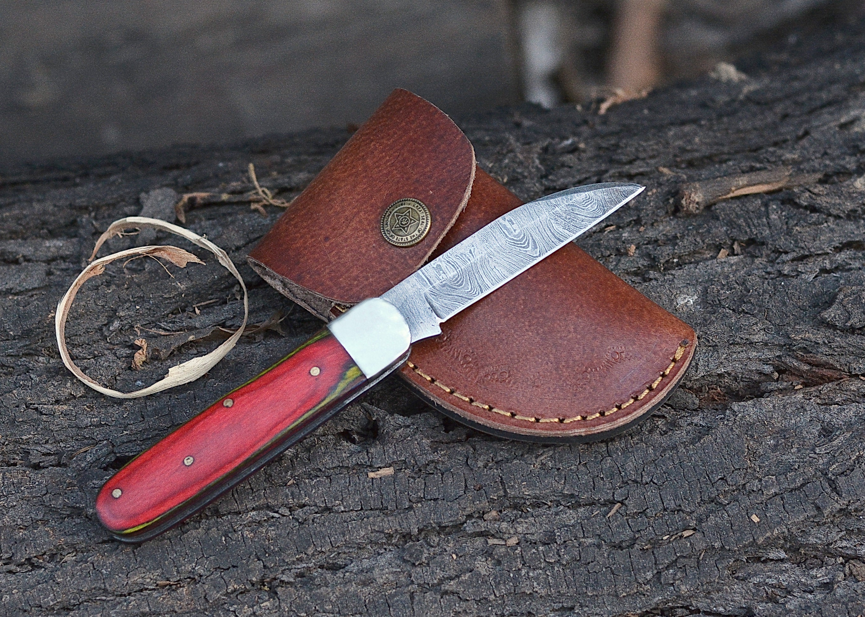 Crimson Grain Folder – Damascus Steel Folding Knife with Red Wood Handle {FREE GIFT}