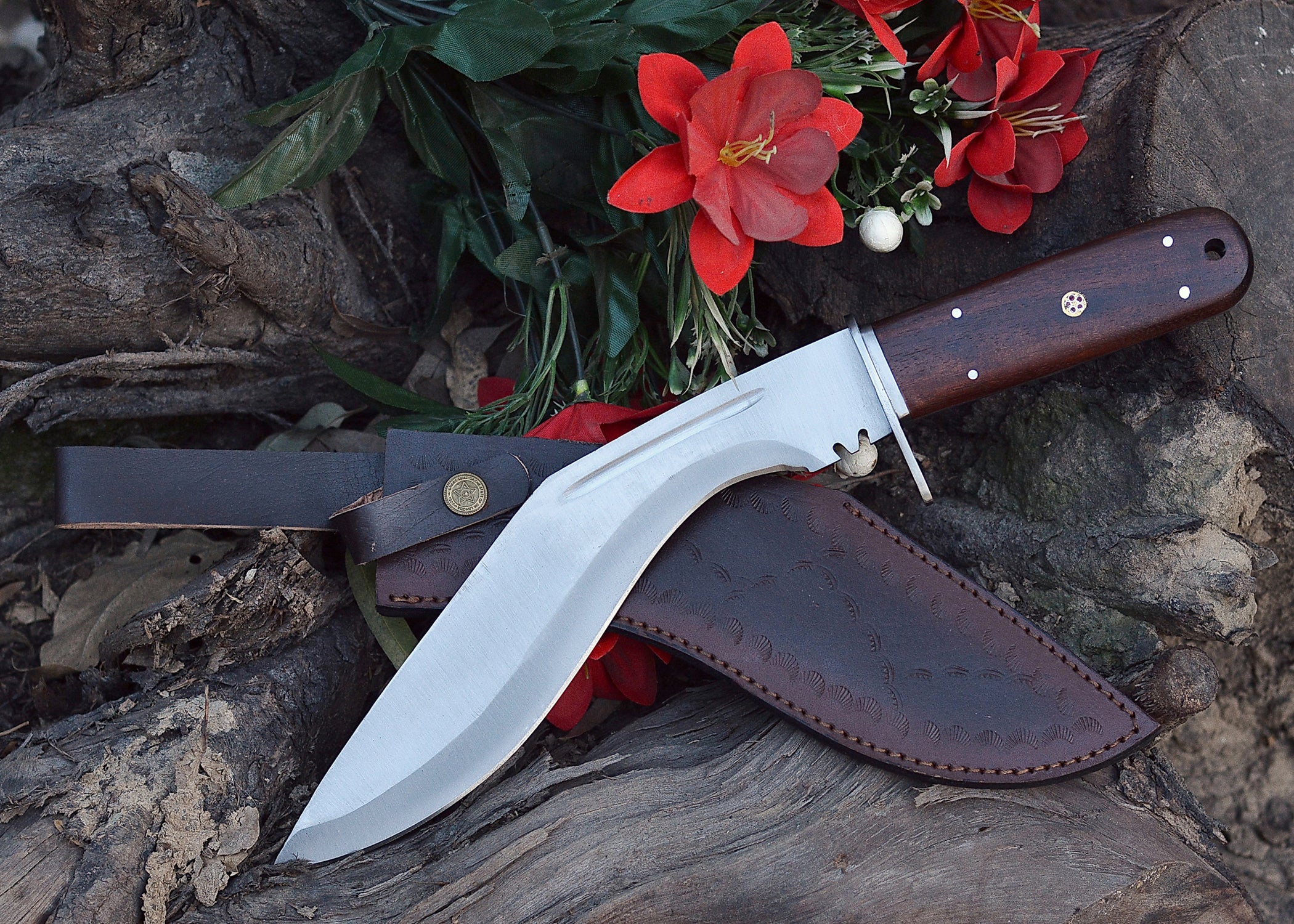 Frontier Curve Hunter – Satin Clip-Point Fixed Blade Knife with Hardwood Handle {FREE GIFT}