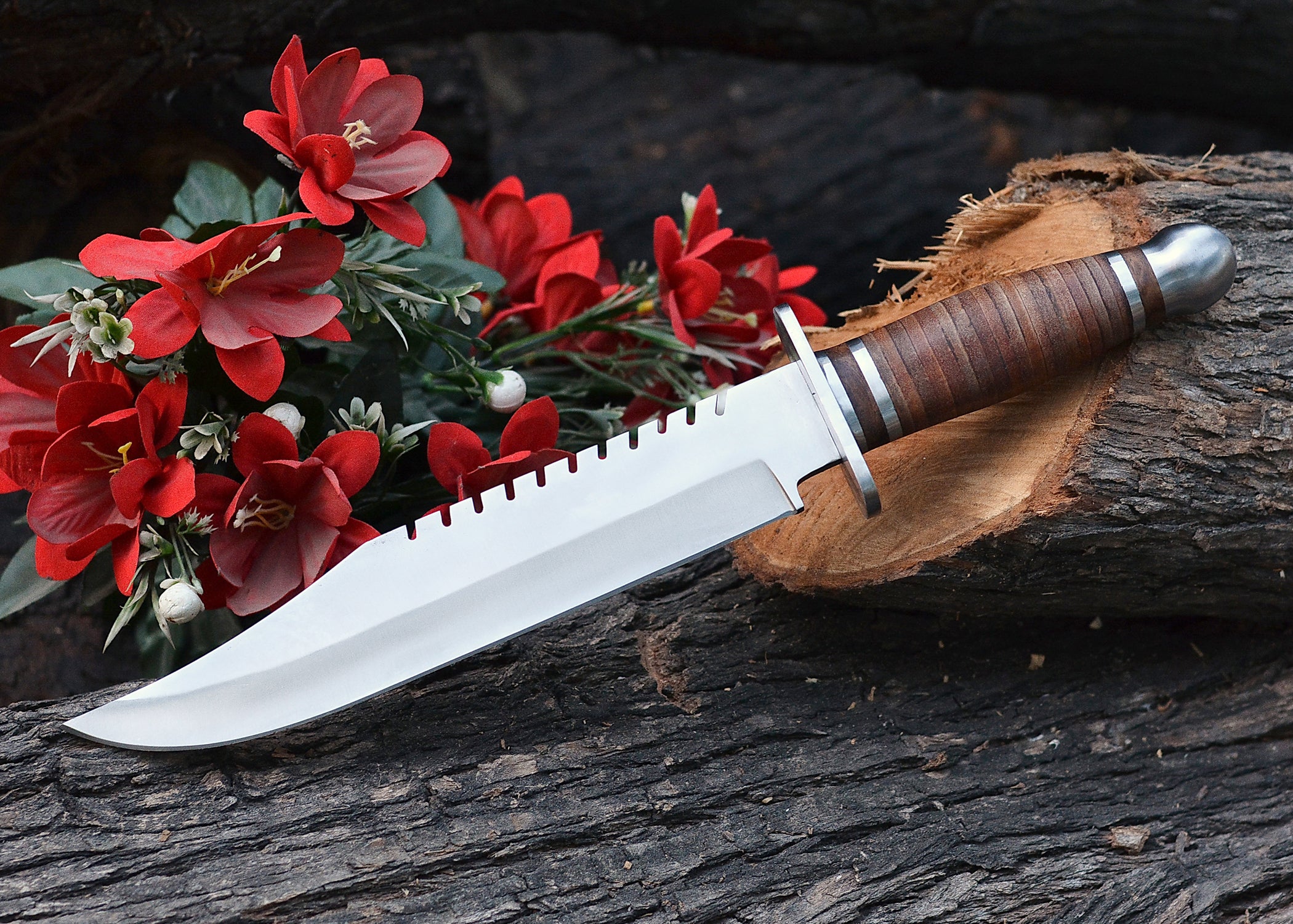 Crimson Trail Bowie – Polished Clip-Point Fixed Blade with Stacked Leather Handle & Steel Guard {FREE GIFT}