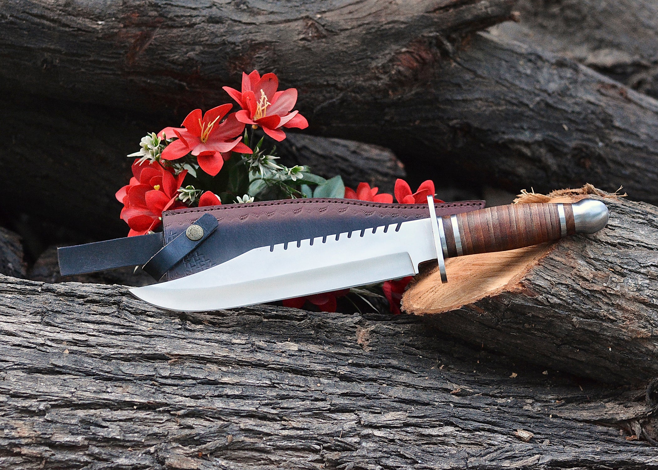 Crimson Trail Bowie – Polished Clip-Point Fixed Blade with Stacked Leather Handle & Steel Guard {FREE GIFT}