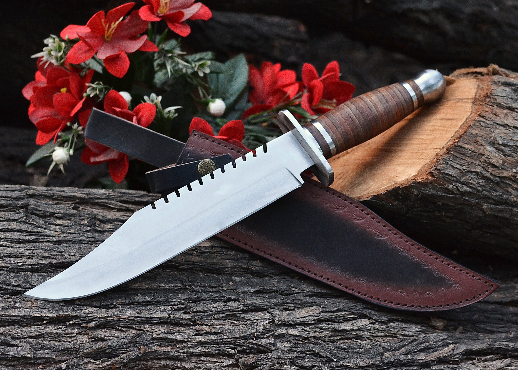 Crimson Trail Bowie – Polished Clip-Point Fixed Blade with Stacked Leather Handle & Steel Guard {FREE GIFT}