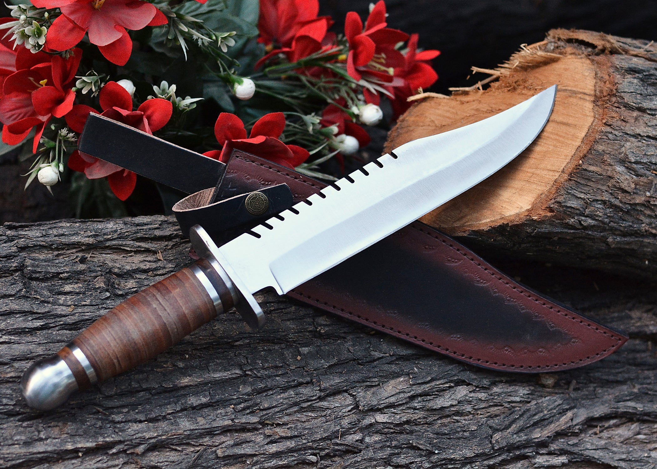 Crimson Trail Bowie – Polished Clip-Point Fixed Blade with Stacked Leather Handle & Steel Guard {FREE GIFT}