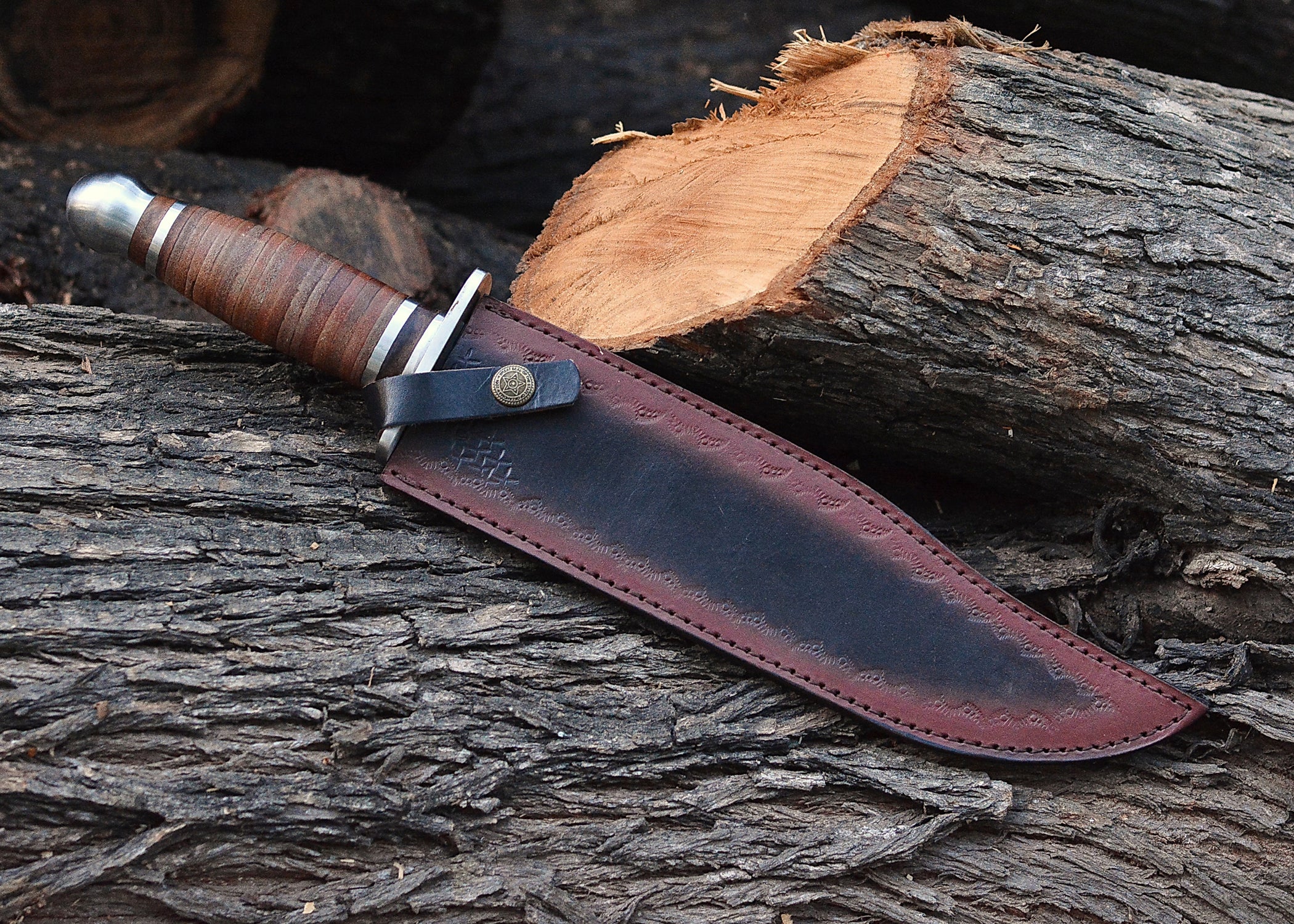 Crimson Trail Bowie – Polished Clip-Point Fixed Blade with Stacked Leather Handle & Steel Guard {FREE GIFT}