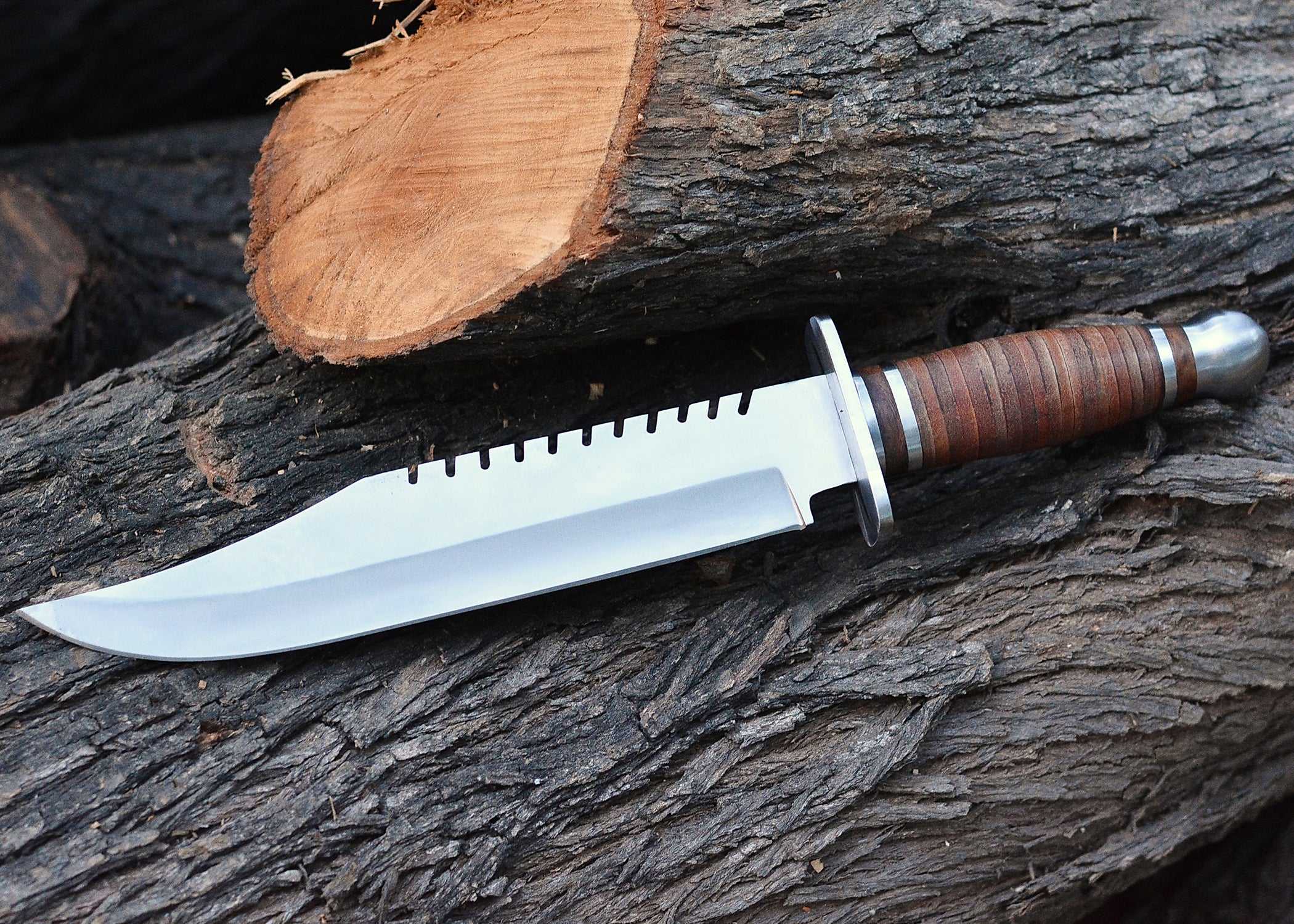 Crimson Trail Bowie – Polished Clip-Point Fixed Blade with Stacked Leather Handle & Steel Guard {FREE GIFT}