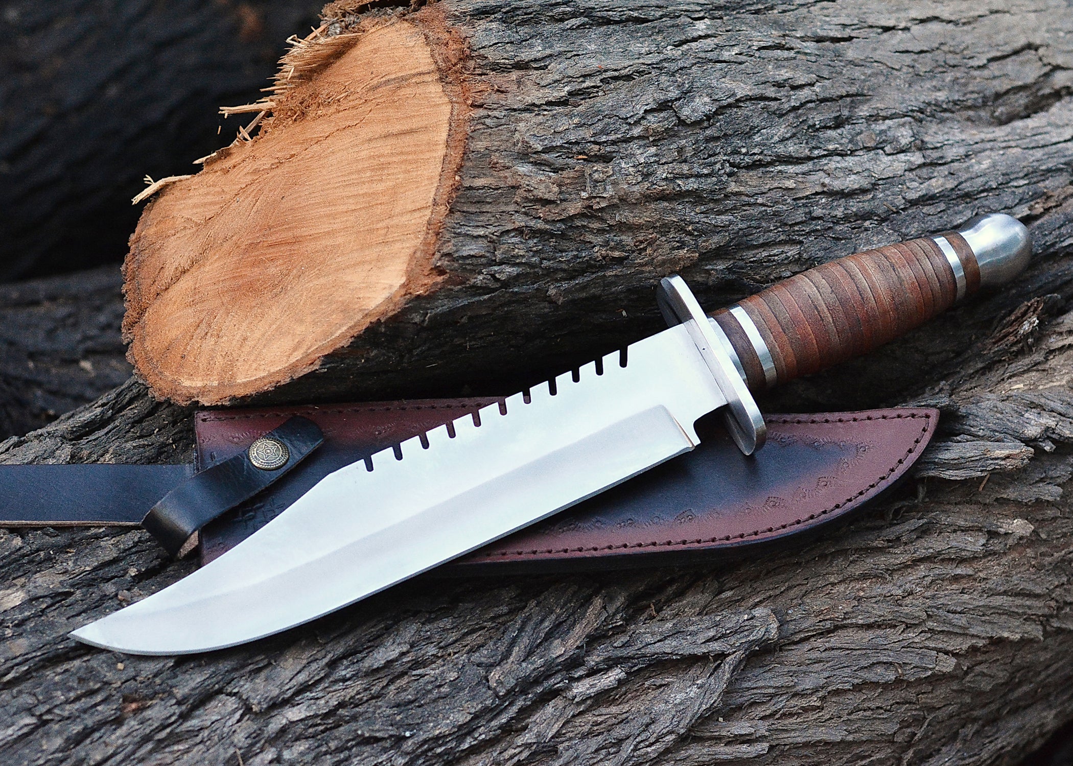 Crimson Trail Bowie – Polished Clip-Point Fixed Blade with Stacked Leather Handle & Steel Guard {FREE GIFT}