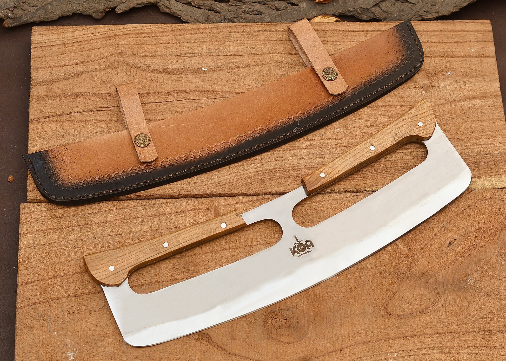 14" Heavy Duty Butcher Cleaver with Dual Handles & Leather Sheath