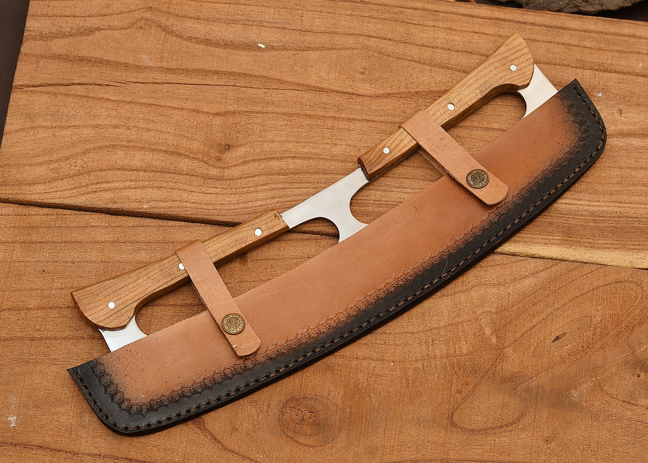 14" Heavy Duty Butcher Cleaver with Dual Handles & Leather Sheath