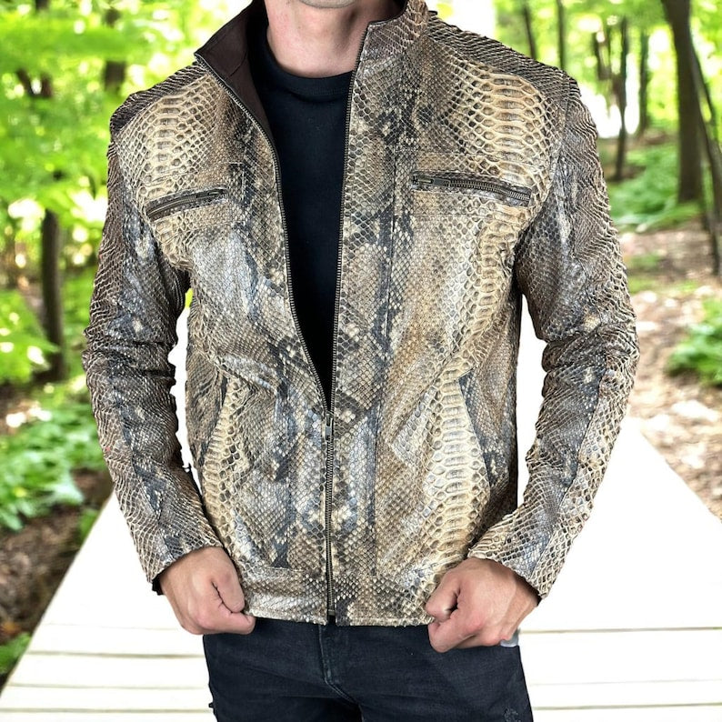 Python Texture Leather Jacket for Men – Slim Fit Snakeskin Embossed Zip-Up Biker Style Jacket {FREE GIFT}