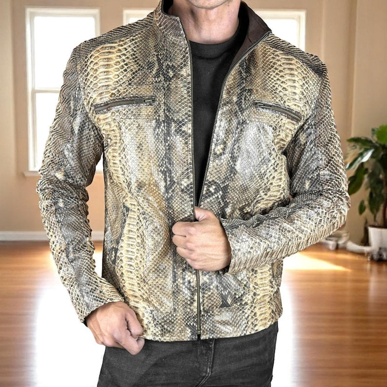 Python Texture Leather Jacket for Men – Slim Fit Snakeskin Embossed Zip-Up Biker Style Jacket {FREE GIFT}