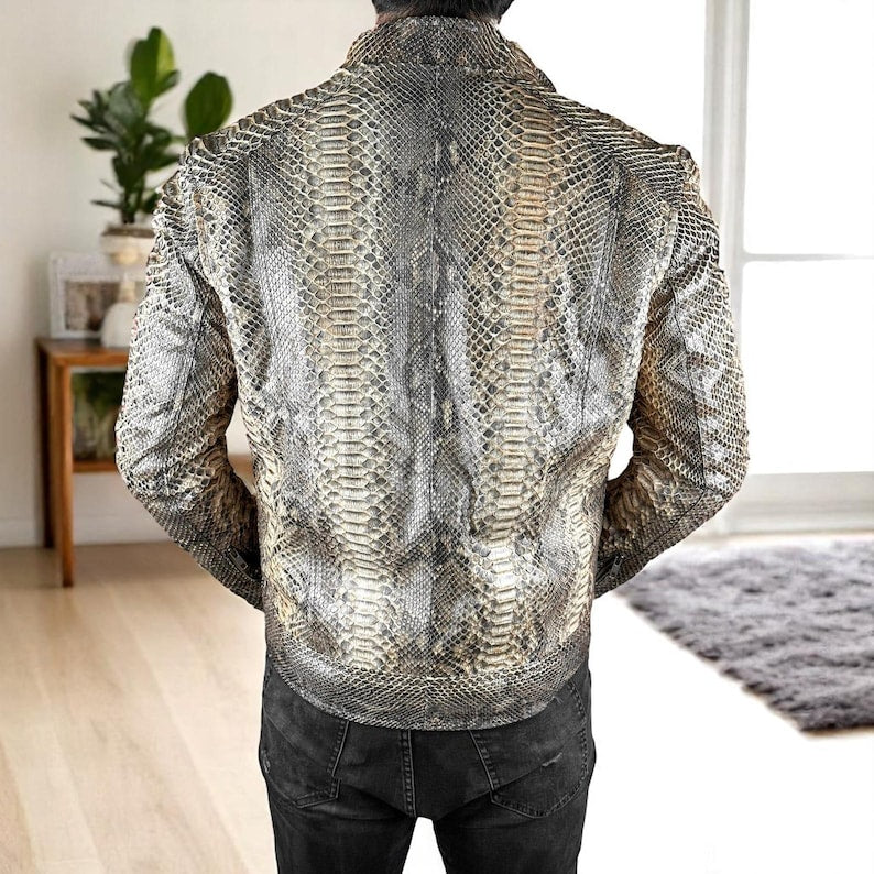 Python Texture Leather Jacket for Men – Slim Fit Snakeskin Embossed Zip-Up Biker Style Jacket {FREE GIFT}