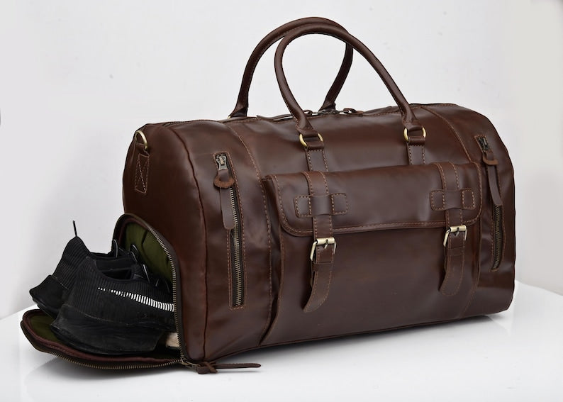 Heritage Voyager Leather Duffle Bag for Men & Women – Premium Genuine Travel Weekender Bag {FREE GIFT}