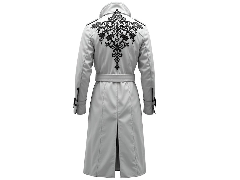 Regal Crest Grey Leather Long Coat – Gothic Embroidered Back Crest Belted Designer Trench {FREE GIFT}