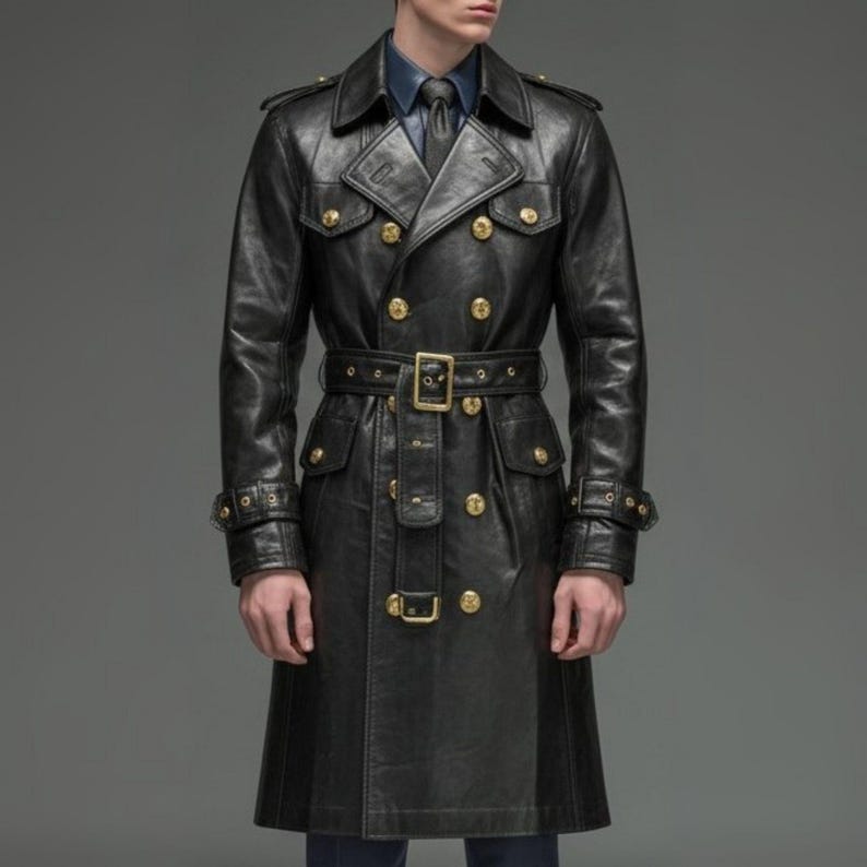 Imperial Noir Black Leather Trench Coat for Women – Double Breasted Luxury Long Leather Coat with Gold Buttons {FREE GIFT}